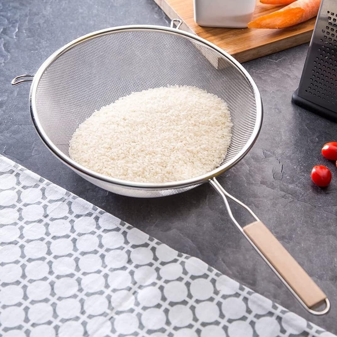 Deconox Ahşap Saplı Paslanmaz Çelik Süzgeç, Orta Boy Metal Süzgeç 21 * 9.5 Cm Estetik ve Dayanıklı Ahşap Saplı Paslanmaz Çelik Süzgeç