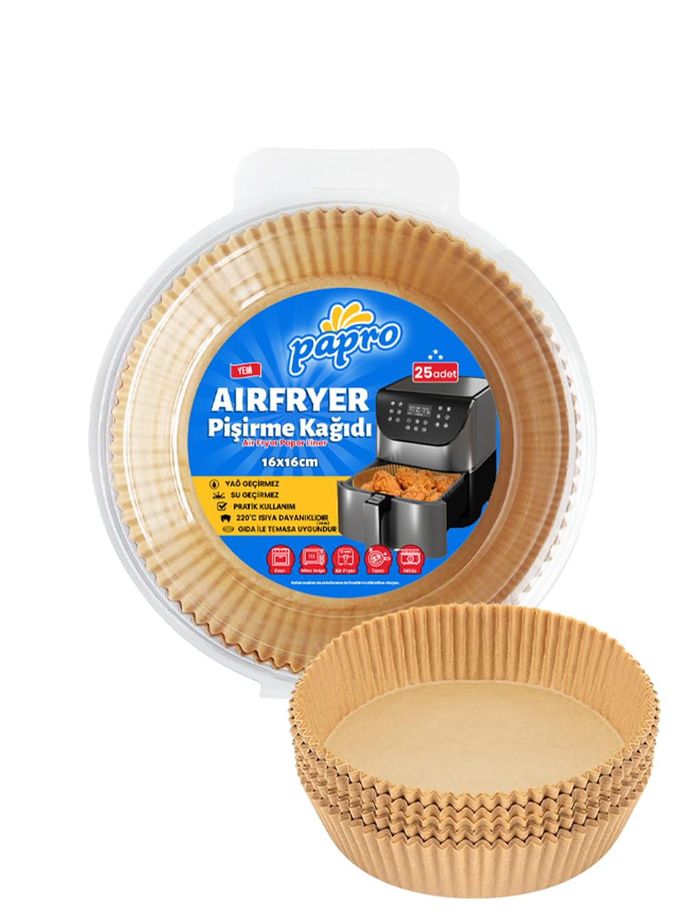 Papro Airfryer Pişirme Kağıdı,Fritöz Yağlı Kağıdı Tek Kullanımlık Fırın,Fritöz Pişirme kağıdı 25'li 16CM