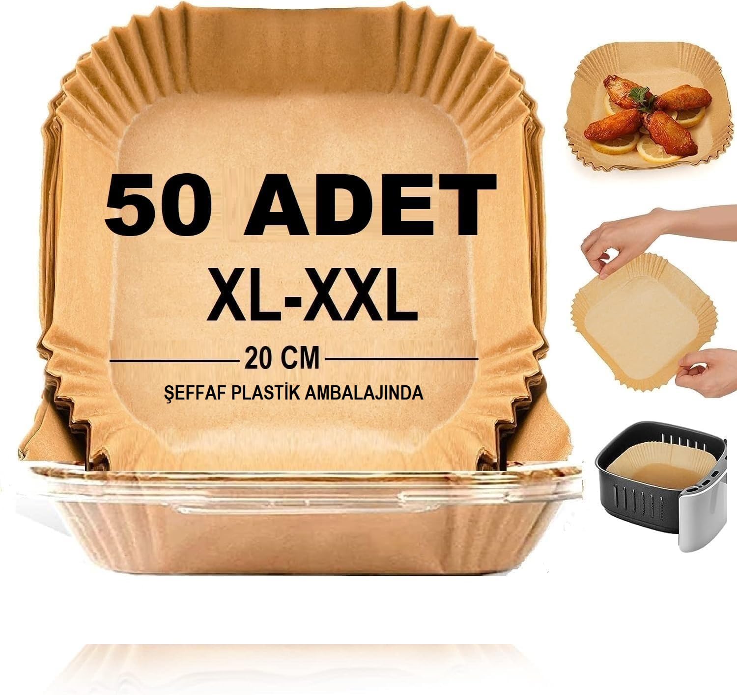 Baker Home Airfryer Pişirme Kağıdı,Xl-Xxl Büyük Boy, Kare, 50 Adet Hava Fritöz Parşömen Fırın Kağıdı Tek Kullanımlık Kağıt Fırın Fritöz Pişirme Kızartma Tavası Için Uygun 20CM