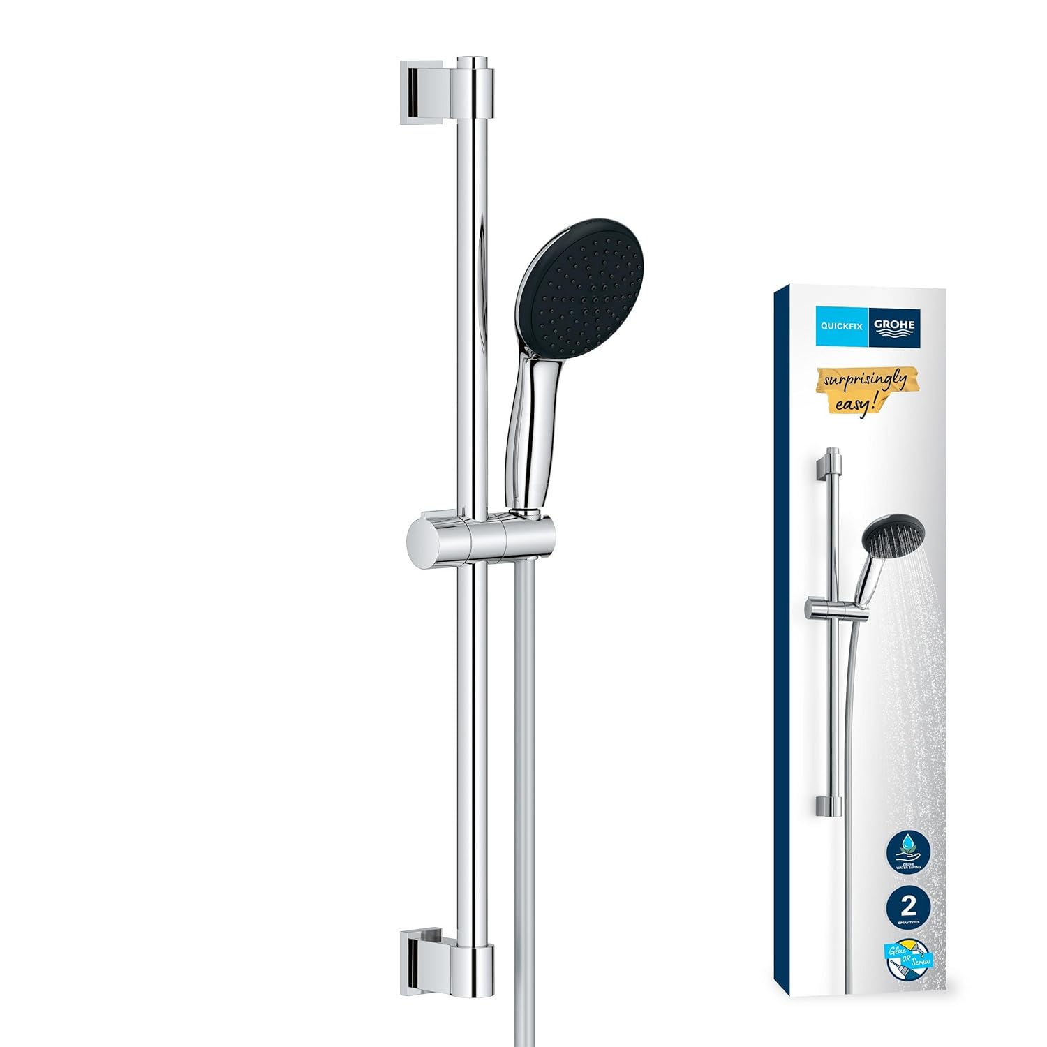 GROHE Vitalio Start 110 Sürgülü Duş Seti, 110mm Yuvarlak 2 Akışlı El Duşu, 600mm Sürgülü Ray, 1750mm Duş Hortumu, Krom, 27948001