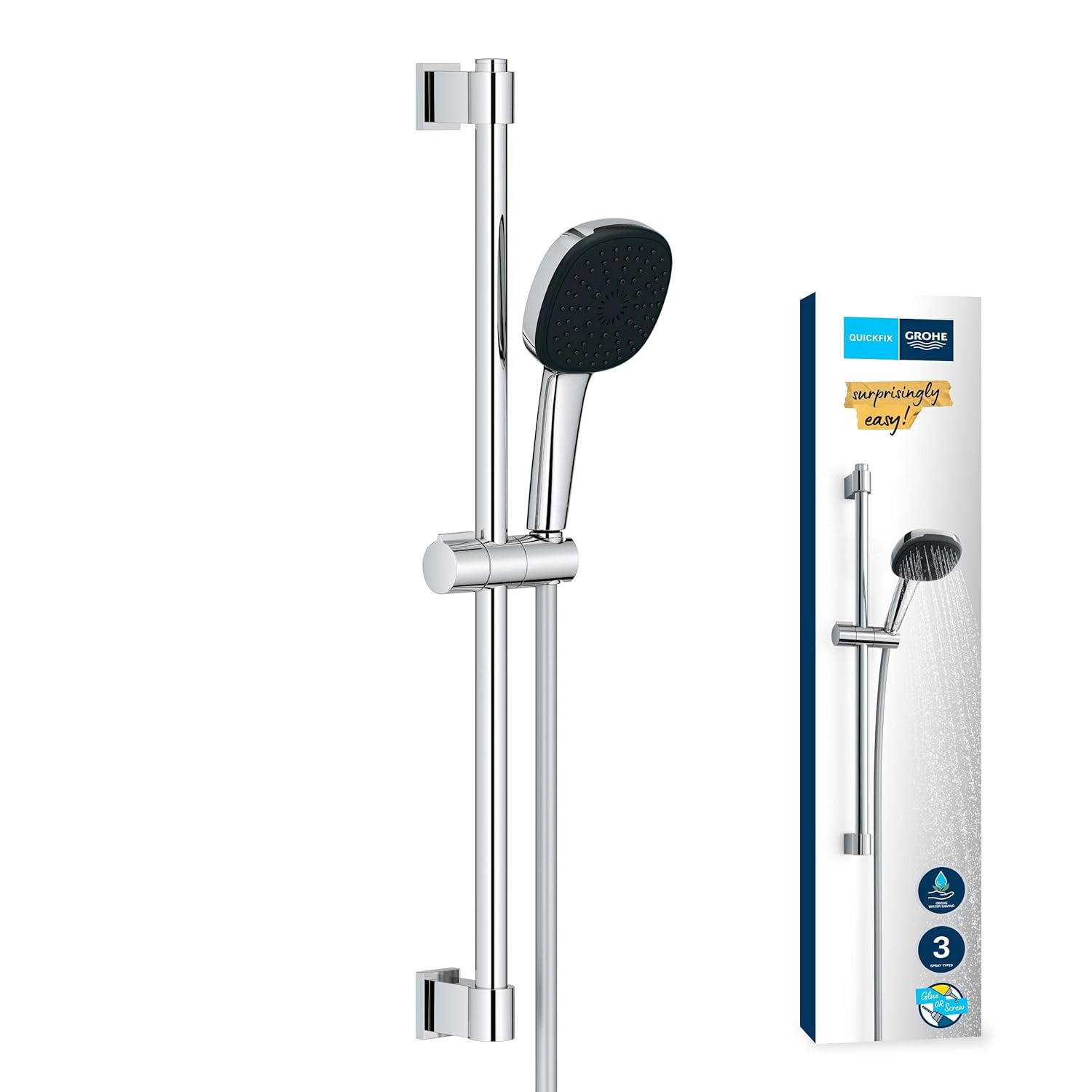 GROHE Vitalio Comfort 110 Sürgülü Duş Seti, 110mm Kare 3 Akışlı (Masaj, Yağmur & Jet) El Duşu, 600mm Sürgülü Ray, 1750mm Duş Hortumu, Krom, 26096001