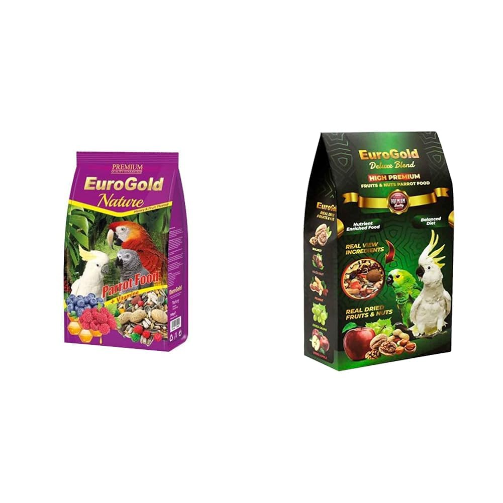 EuroGold Ballı ve Meyveki Karışık Papağan Yemi, Doğal İçerik, 750 Gr & EuroGold Deluxe Blend Fruits&Nuts Meyveli ve Kuruyemişli Papağan Yemi, 650 Gr