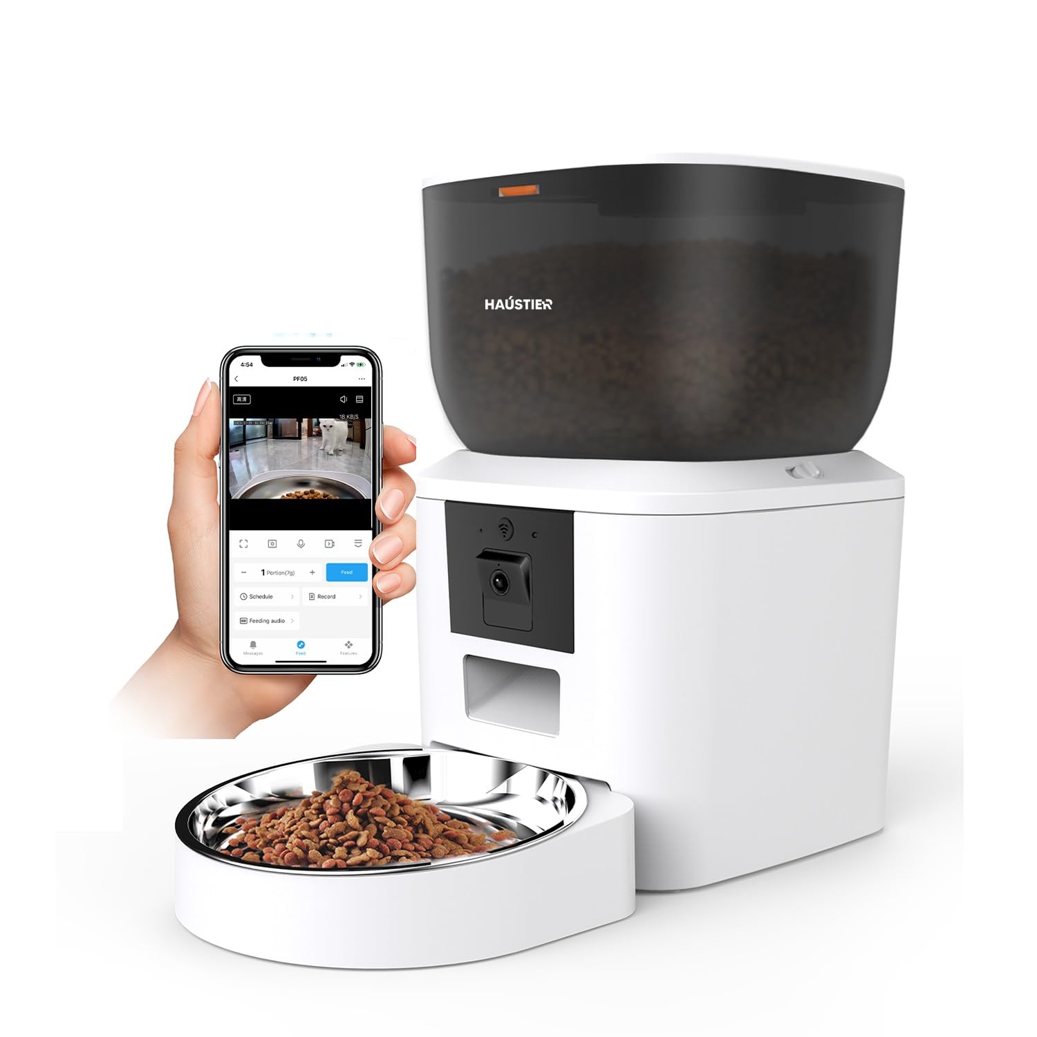 Haustier QQ029 Kameralı 1080P Gece Görüş Akıllı Kedi Köpek Otomatik Mama Kabı, Tuya App-Wifi Uzaktan Kontrol, Sesle Çağırma, 2.4Ghz/5Ghz, 4Lt hazne, Metal Kase (Beyaz)