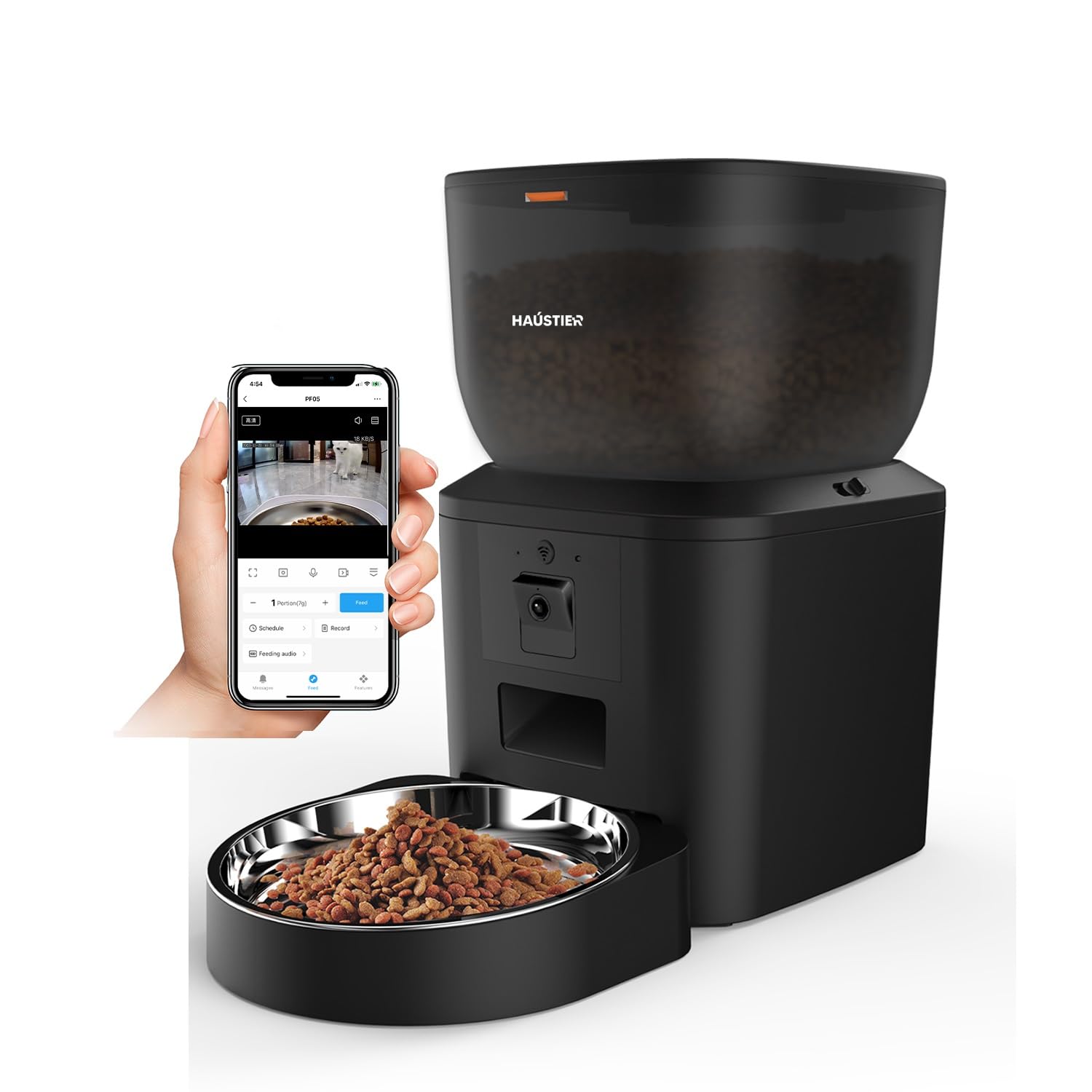 Haustier QQ029 Kameralı 1080P Gece Görüş Akıllı Kedi Köpek Otomatik Mama Kabı, Tuya App-Wifi Uzaktan Kontrol, Sesle Çağırma, 2.4Ghz/5Ghz, 4Lt hazne, Metal Kase (Siyah)