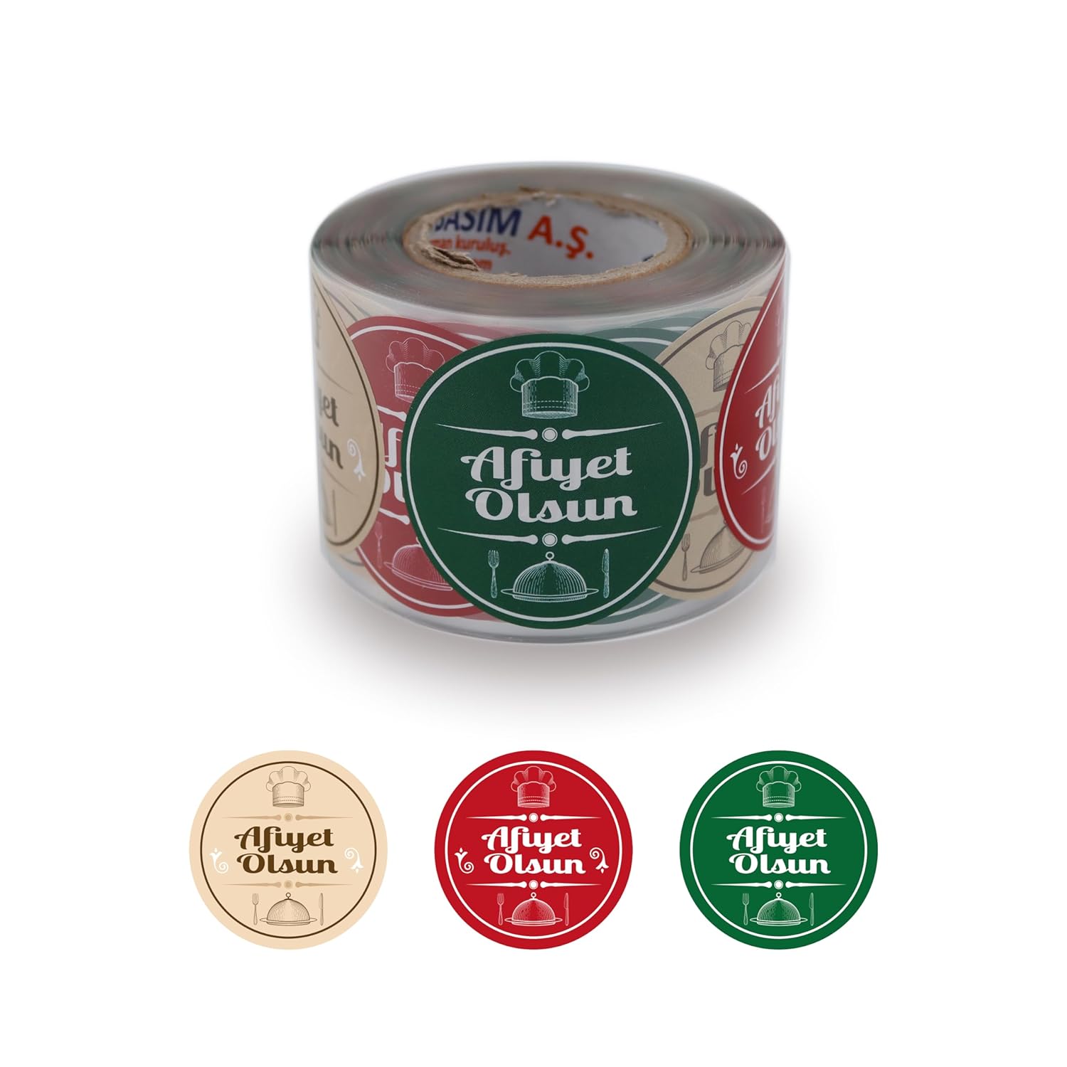 hazır etiketler , hazır al hızlı al Afiyet Olsun Etiketi 5cm Çapında ve 500 Adetli 3 Farklı Renkte, Restaurantlar için Kuşe Etiketi