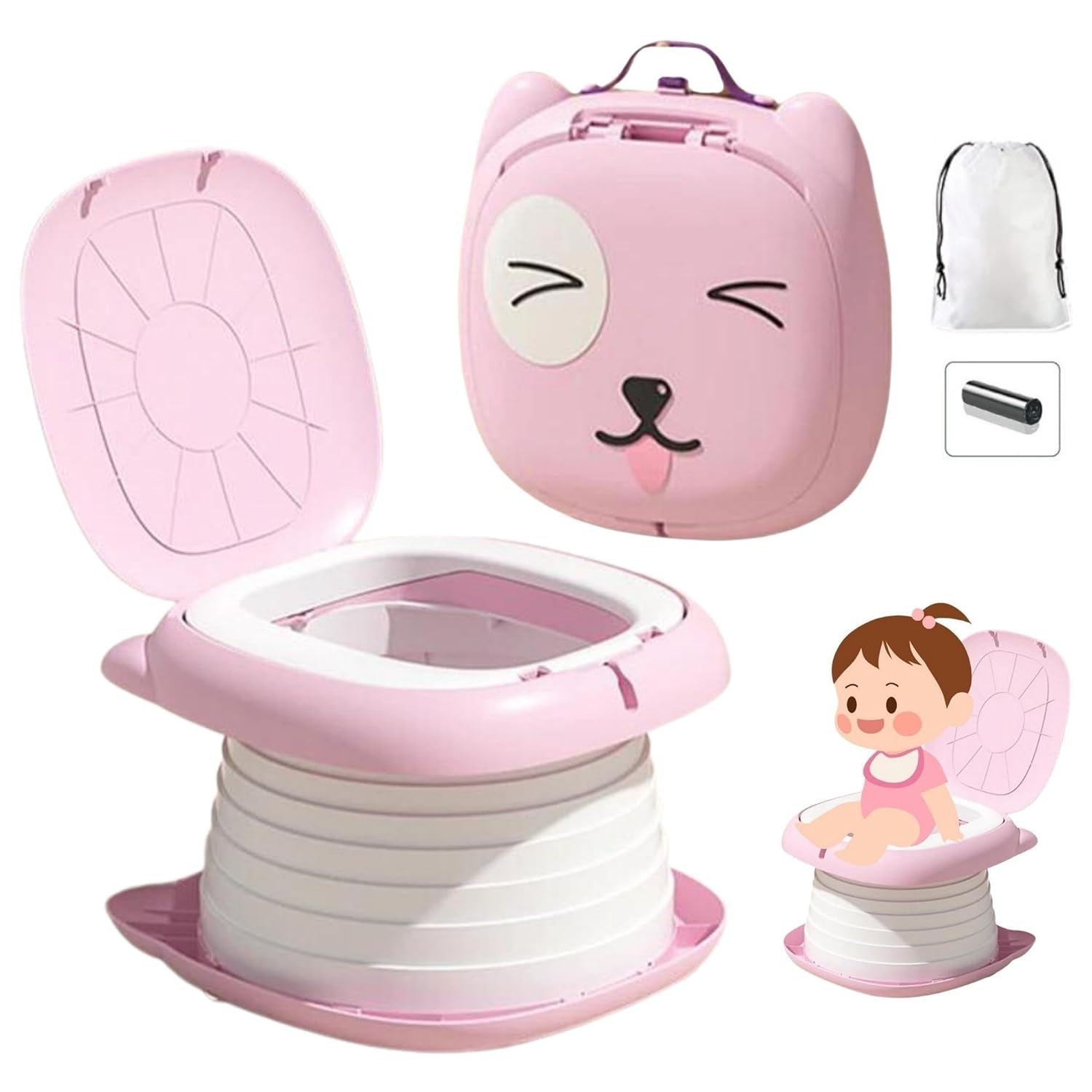 MooieBaby's Cat Potty Katlanabilir Çocuk Tuvaleti, Çok Fonksiyonlu Taşınabilir Alıştırma Lazımlığı (Pembe)