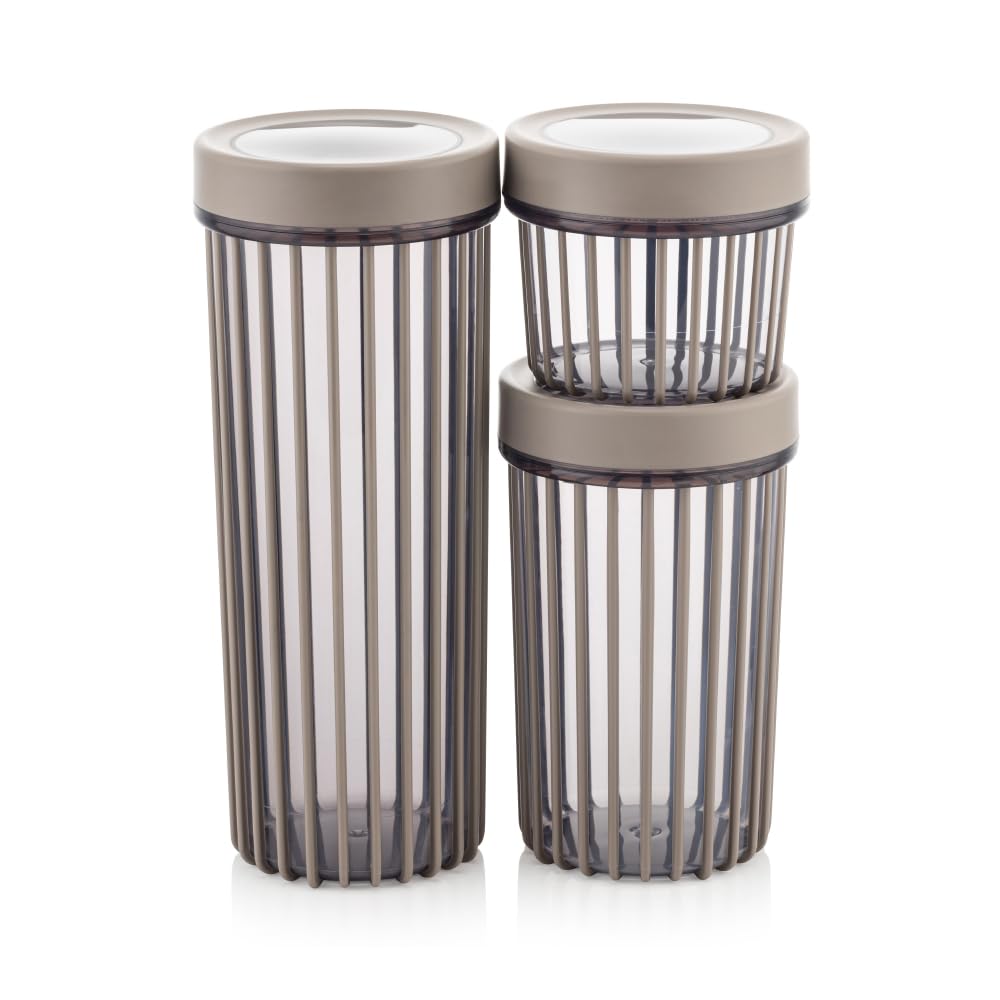 GüncelÇarşı 3'lü Çevir Aç Kapak Kavanoz Plastik Saklama Kabı Seti, Büyük, Orta, Küçük, 3 Boy (BEJ)