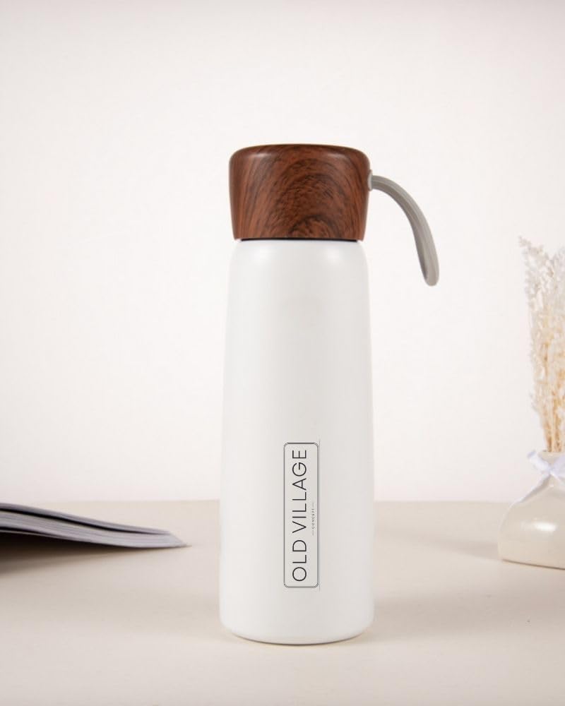 Old Village Concept Paslanmaz Çelik 400 ml Ahşap Desen Kapaklı Vakum Seyahat Termosu, Su Şişesi (Beyaz)