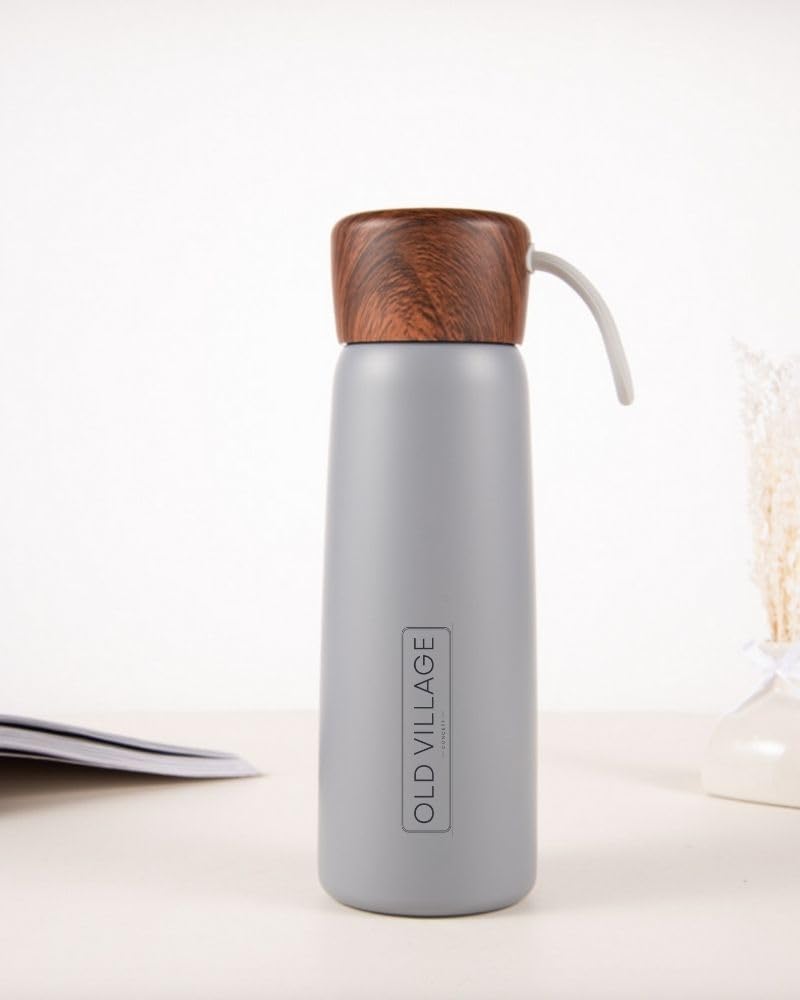 Old Village Concept Paslanmaz Çelik 400 ml Ahşap Desen Kapaklı Vakum Seyahat Termosu, Su Şişesi (Antrasit)