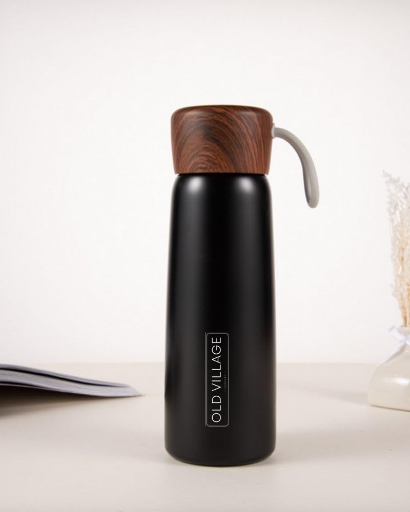 Old Village Concept Paslanmaz Çelik 400 ml Ahşap Desen Kapaklı Vakum Seyahat Termosu, Su Şişesi (Siyah)