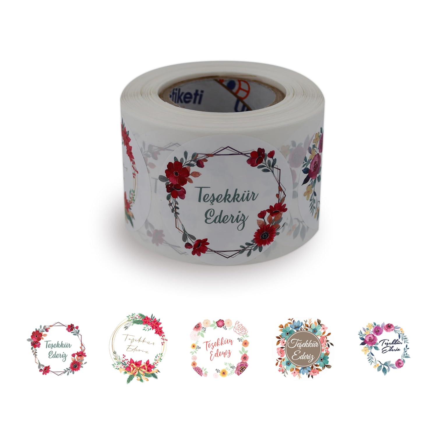 hazır etiketler , hazır al hızlı al Teşekkür Ederiz Etiketi 5 Farklı Çiçek Deseni 50mm Çap Ruloda 500 Adet Kendinden Yapışkanlı Rulo Etiket, PP Opak E-ticaret