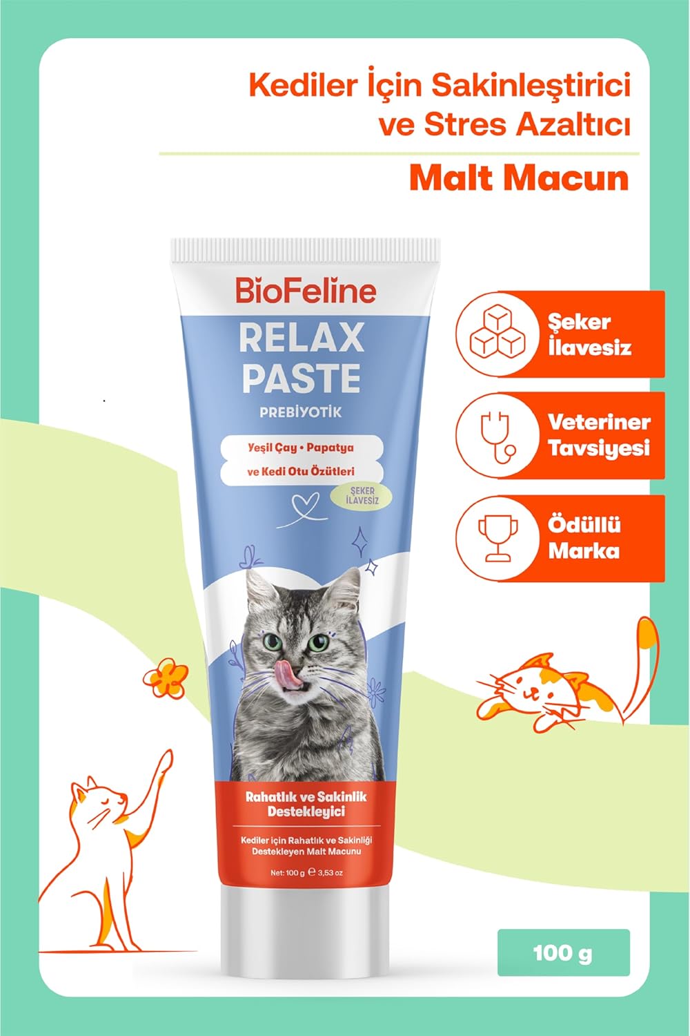 Biofeline Rahatlatıcı Macun 100g ve Kediler İçin Günlük Strese Karşı Rahatlık Sağlayan Sakinleştirici Macun