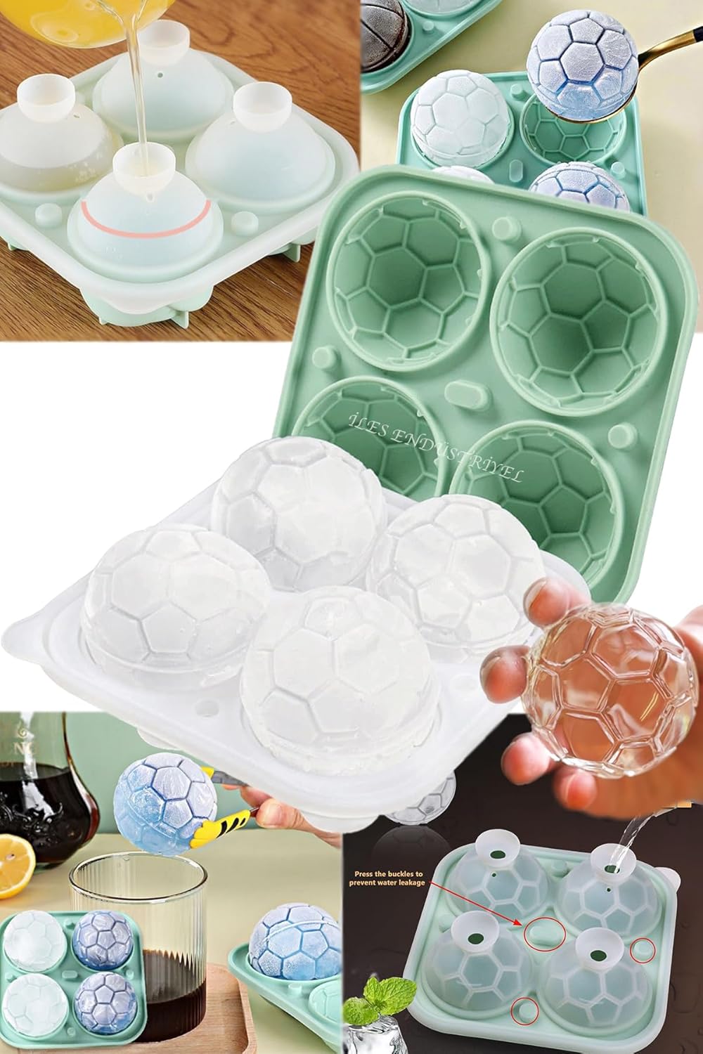 Gurme Chef Silikon Futbol Topu Büyük Boy 4 Bölmeli Buz Kalıbı, Kapaklı, Yeşil