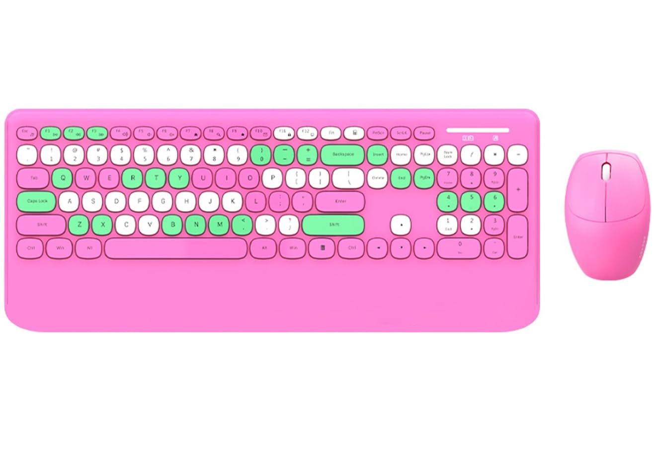 Coverzone Geezer Kablosuz Klavye Mouse Set 106 Tuşlu İngilizce Q Notebook Laptop Uyumlu Ev ve Ofis için Bilek Destekli USB Dongle ile Bağlantı G100 (Pembe)