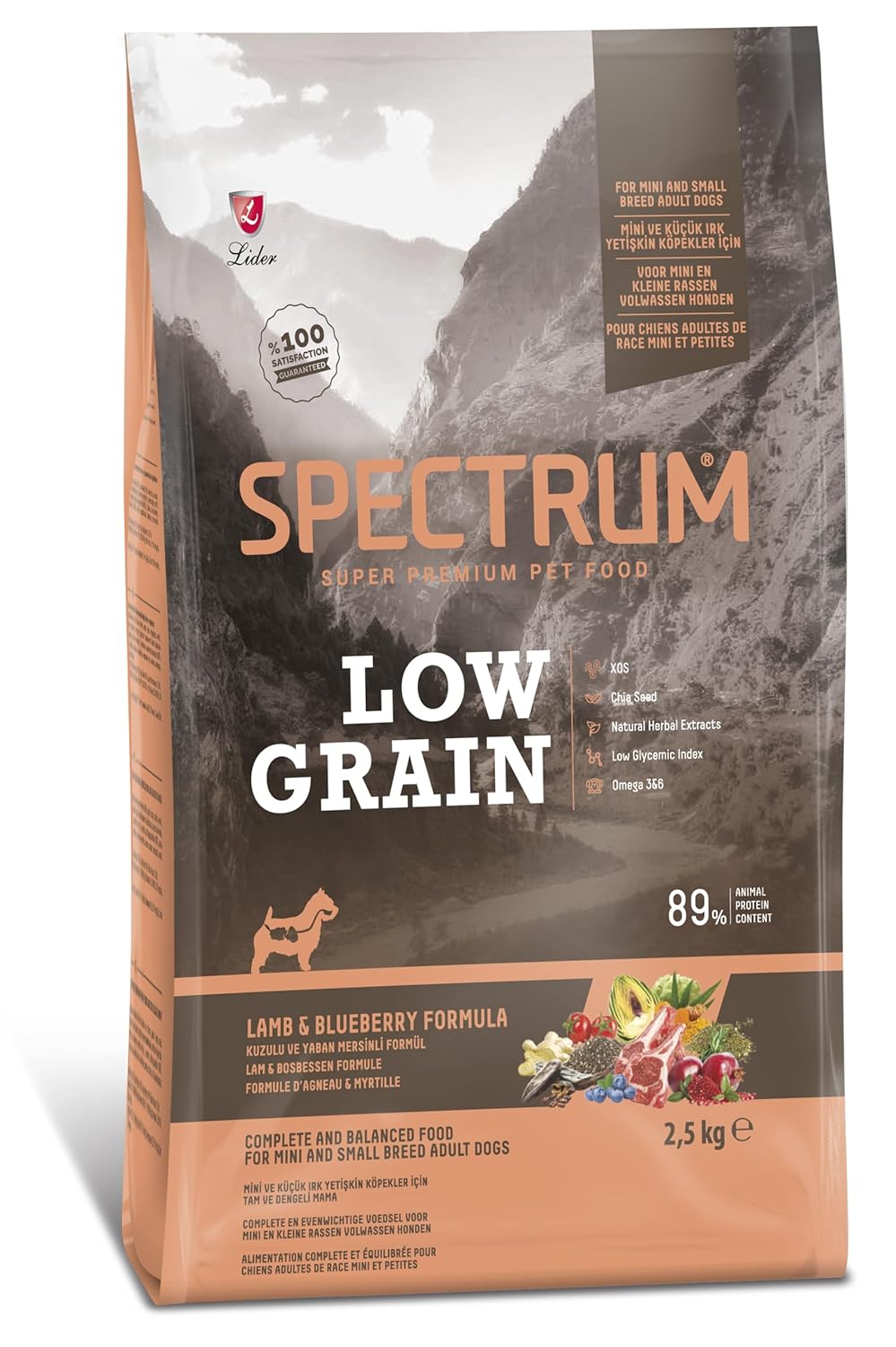LIDER Spectrum Low Grain Kuzu Etli ve Yaban Mersinli Mini ve Küçük Irk Yetişkin Köpek Maması 2,5kg