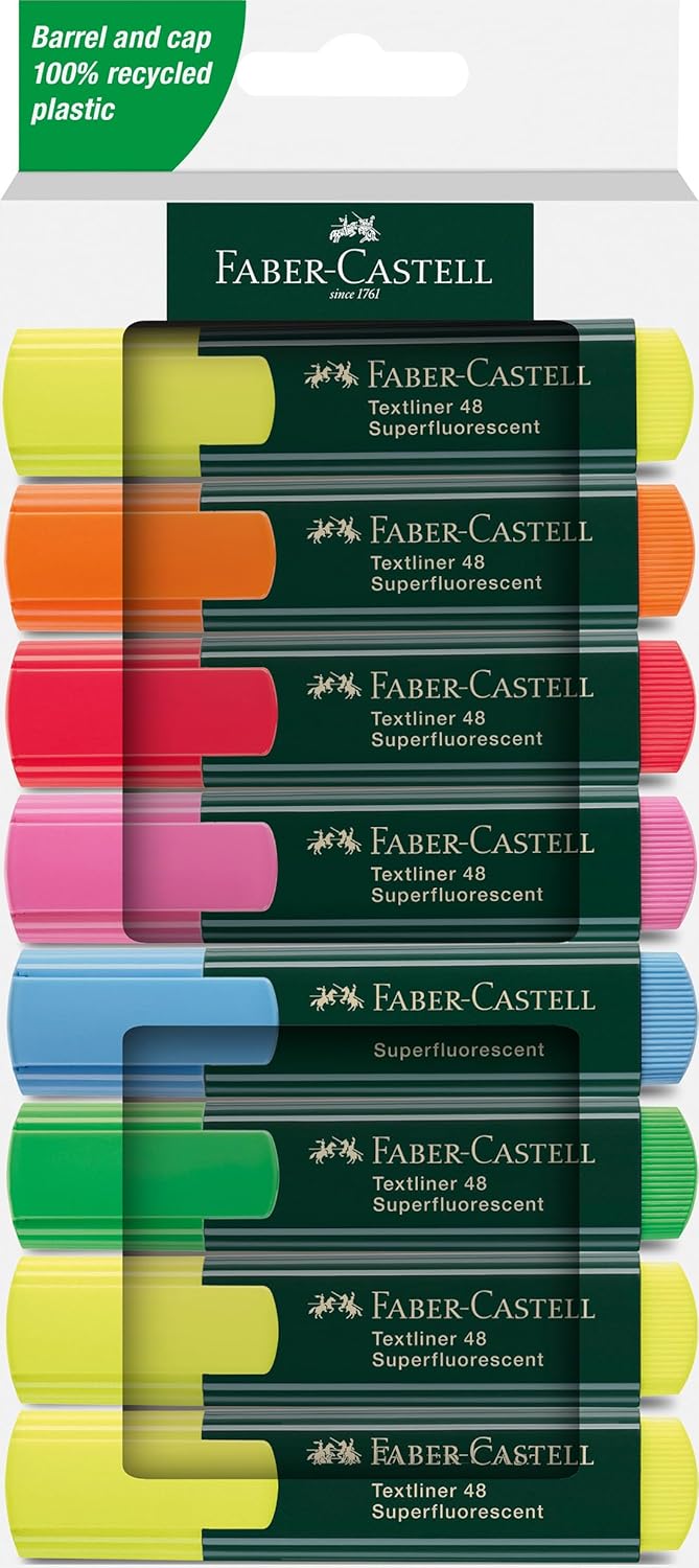 Faber-Castell Fosforlu Kalem Seti, 8’li, Su Bazlı Mürekkep, Kesik Uç, 3 Farklı Çizgi Kalınlığı, Yeniden Doldurulabilir