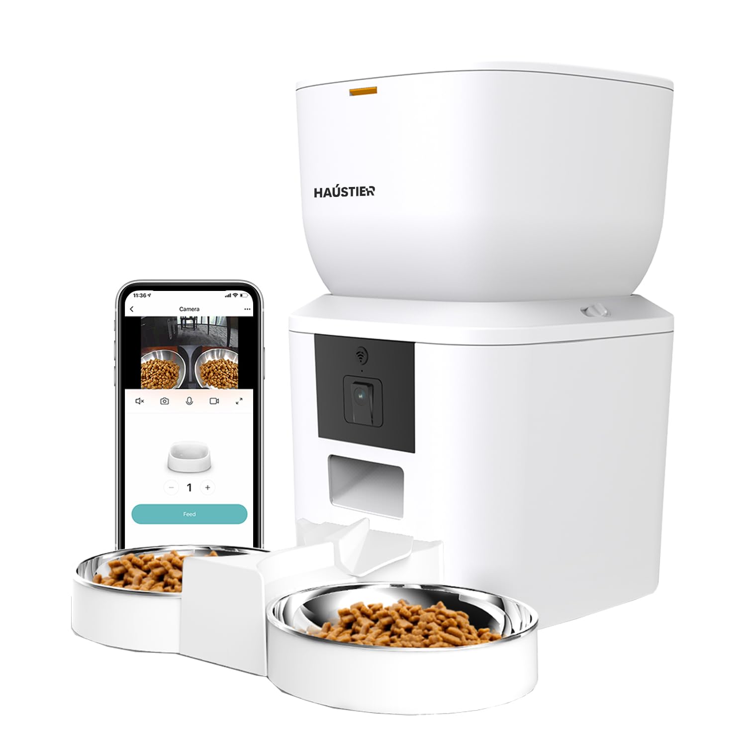 Haustier QQ025-Dual Kameralı Akıllı Kedi Köpek Otomatik Mama Kabı, App Uzaktan Kontrol, Sesle Çağırma, 480P Kamera, 4lt Hazne, Çift Metal Kase
