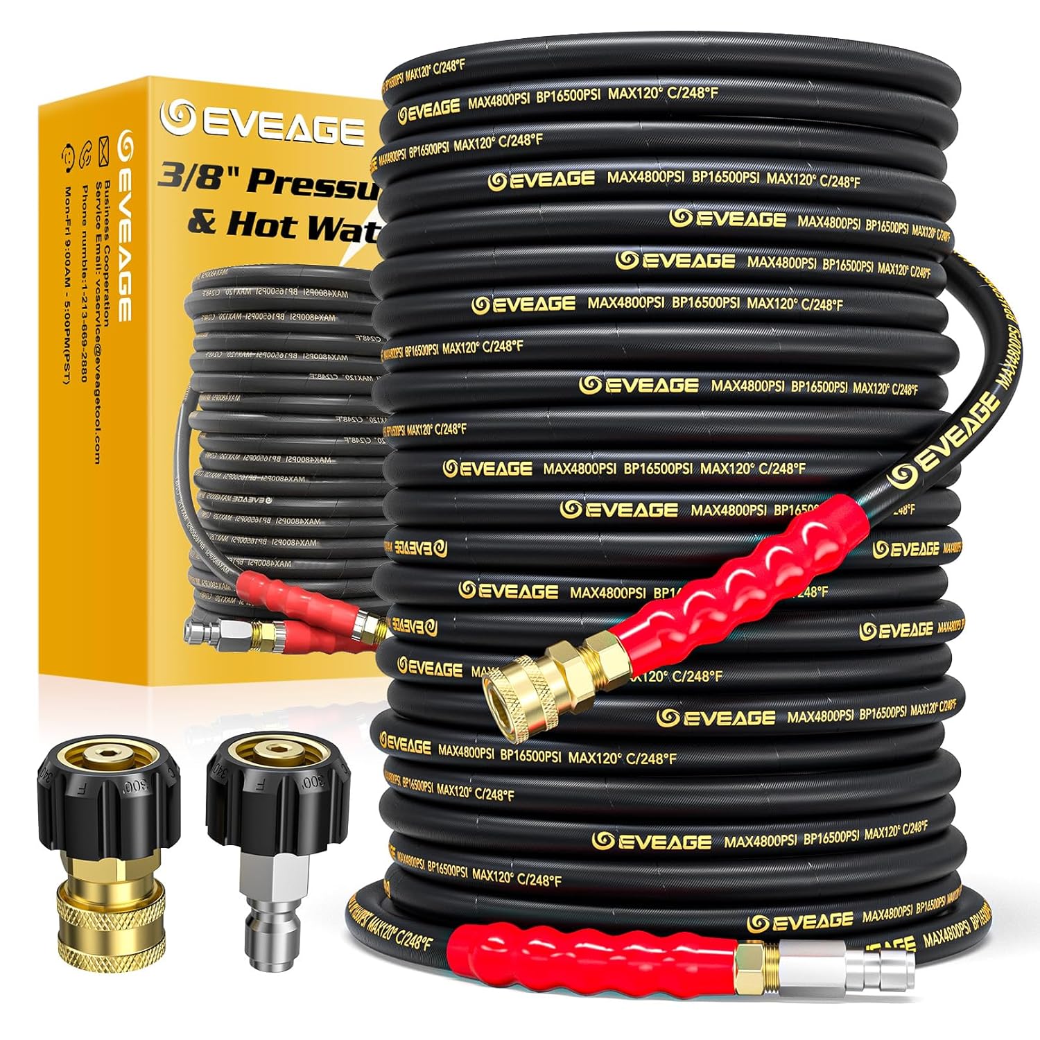 EVEAGE 3/8 "Basınçlı Yıkama Hortumu 100 ft, 4800PSI Sanayi Sınıfı Çelik Tel Örgülü ve Sentetik Kauçuk Ceket, Kink Dayanıklı Sıcak ve Soğuk Su Max 266 ° F Güç Yıkama Hortumu, 2 adet M22 14mm Adaptör