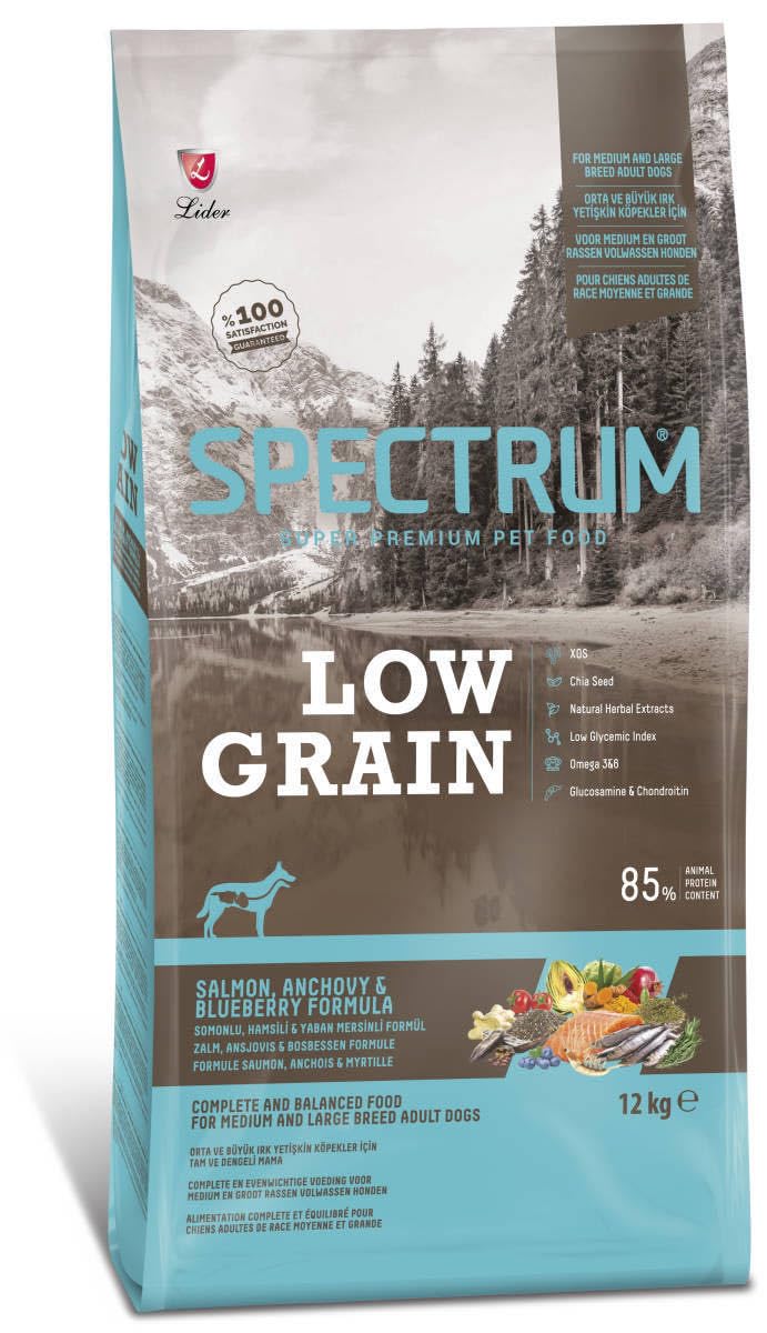 Spectrum Low Grain Somonlu & Hamsili Yaban Mersinli Orta ve Büyük Irk Yetişkin Köpek Maması 12 KG