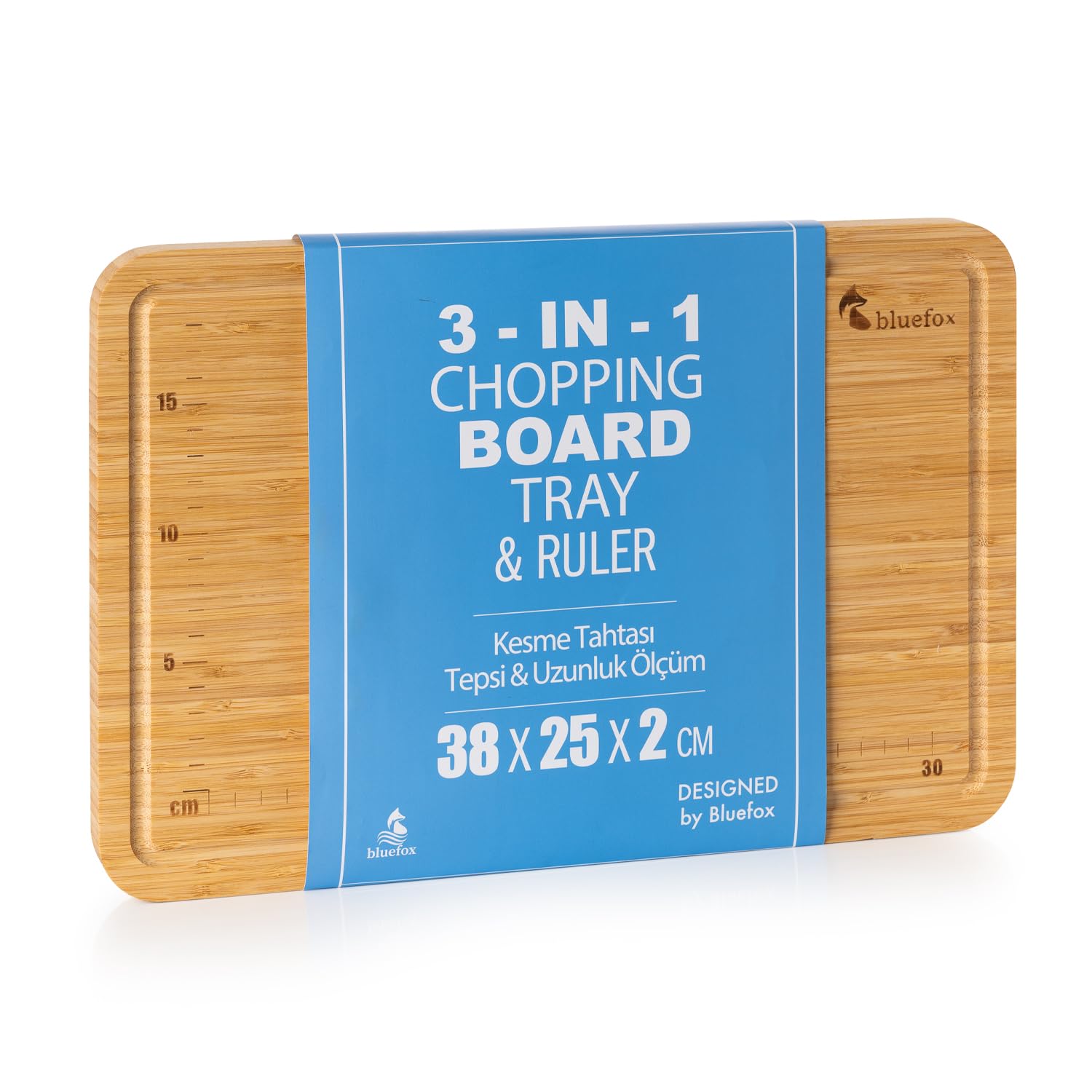Bluefox 3'ü 1 Arada Bambu Kesme Tahtası: Doğrama Tahtası, Kesim Cetveli ve Tepsi Fonksiyonlarıyla Mutfakta Pratik Çözüm,Su Oluklu, Bıçak Dostu, Neme Dayanıklı Yüzey, 38x25 cm