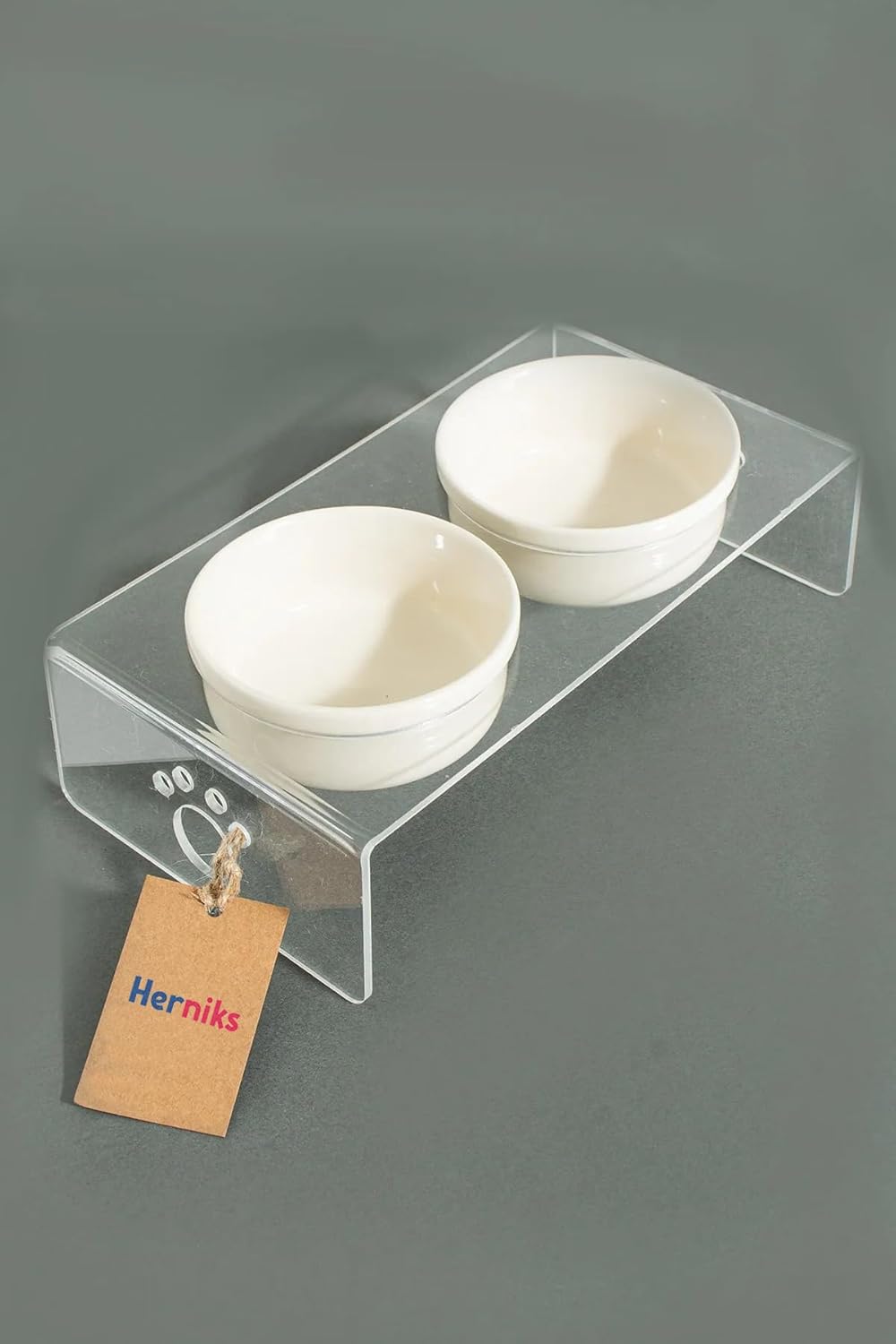Herniks Pati Desenli Şeffaf Pleksi Ve Seramik İkili Mama Kabı 30x15 Cm (Şeffaf)