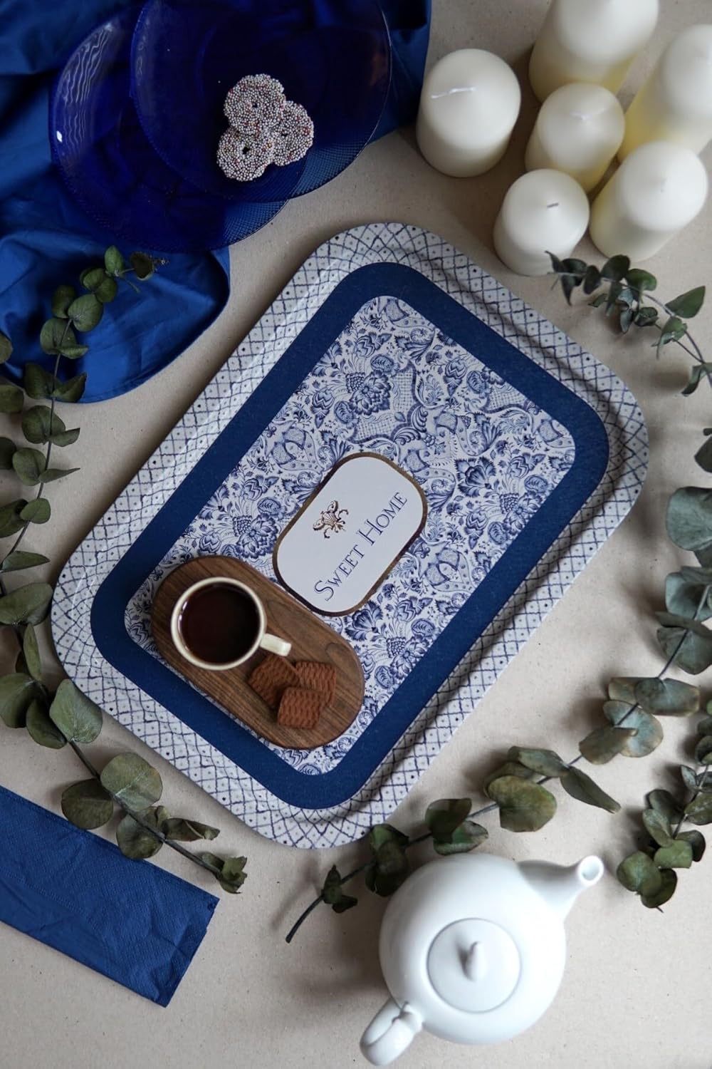 EVLE-Azulejos Desenli Metal Tepsi - Çay Kahve Tepsisi - Sunum Tepsisi 28 Cm X 40 Cm (Azulejos Sweet Home)