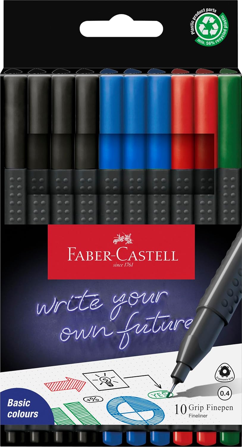 Faber-Castell Grip Finepen İnce Keçe Uçlu Kalem Seti, 10’lu, Ofis ve Günlük Kullanım, 0.4 mm Hassas Uç, Metal Destekli, Ergonomik Üçgen Gövde
