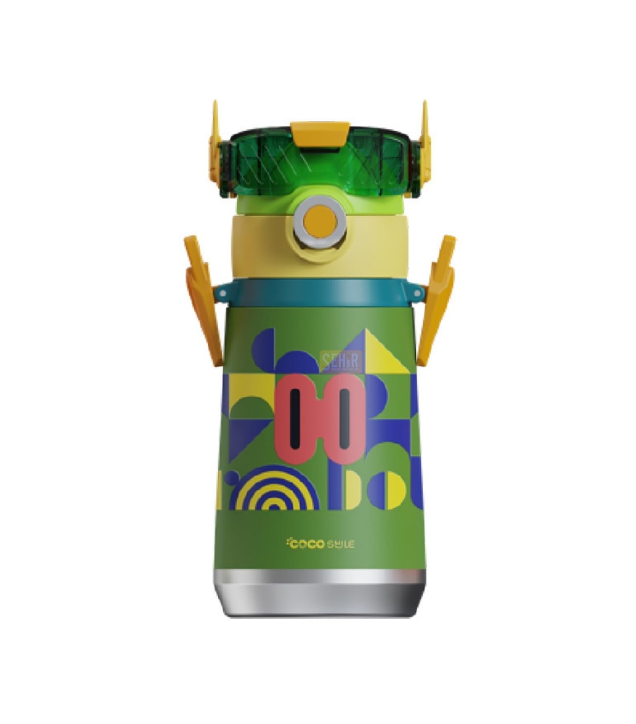 Cocosmile 500ml Robot Temalı Pipetli Askılı Çelik Termos Çocuk Matarası (Yeşil)