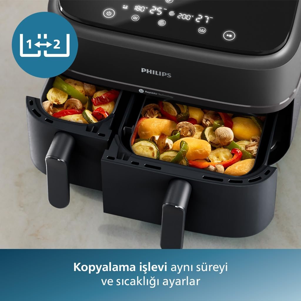 Philips Çift Hazneli Airfryer 3000 Serisi, 9L, 2 Hazneli Air fryer, Rapid Air Teknolojisi, Aileniz için Çok Yönlü Geniş Airfryer,%90 Daha Az Yağ, Enerji Tasarrufu, HomeID Uygulaması (NA350/00)