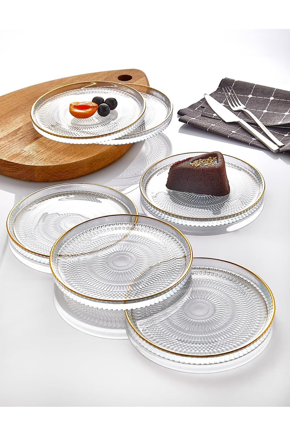İLİVA 6' lı Cam Kek Pasta Tabağı Seti - Yaldızlı Lüks Pasta Takımı(16CM)