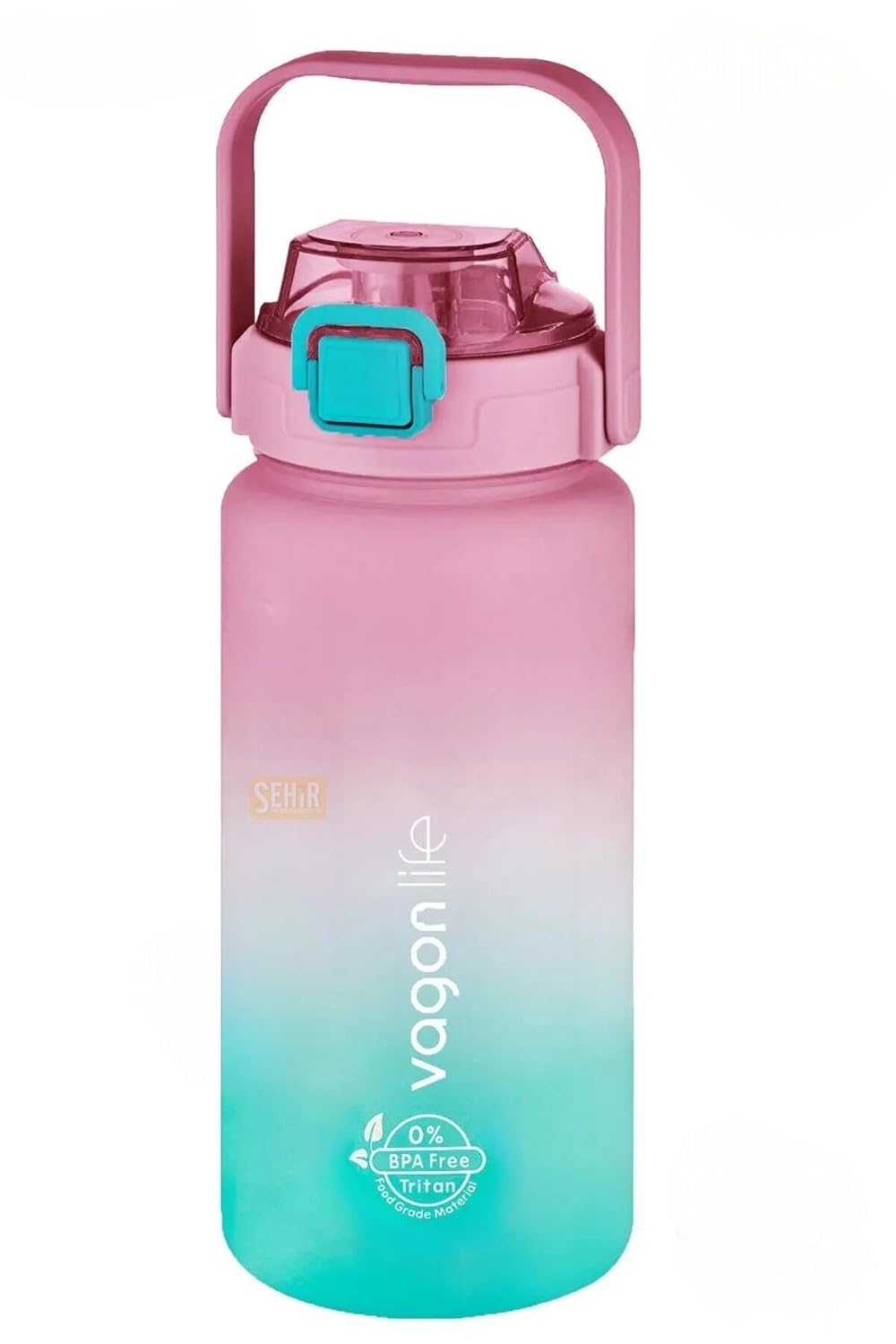 Vagonlife 1500ml Pipetli/Pipetsiz Kullanım Kulplu Askılı Çift Renkli Tritan Motivasyon Matarası (Pembe-Mavi)