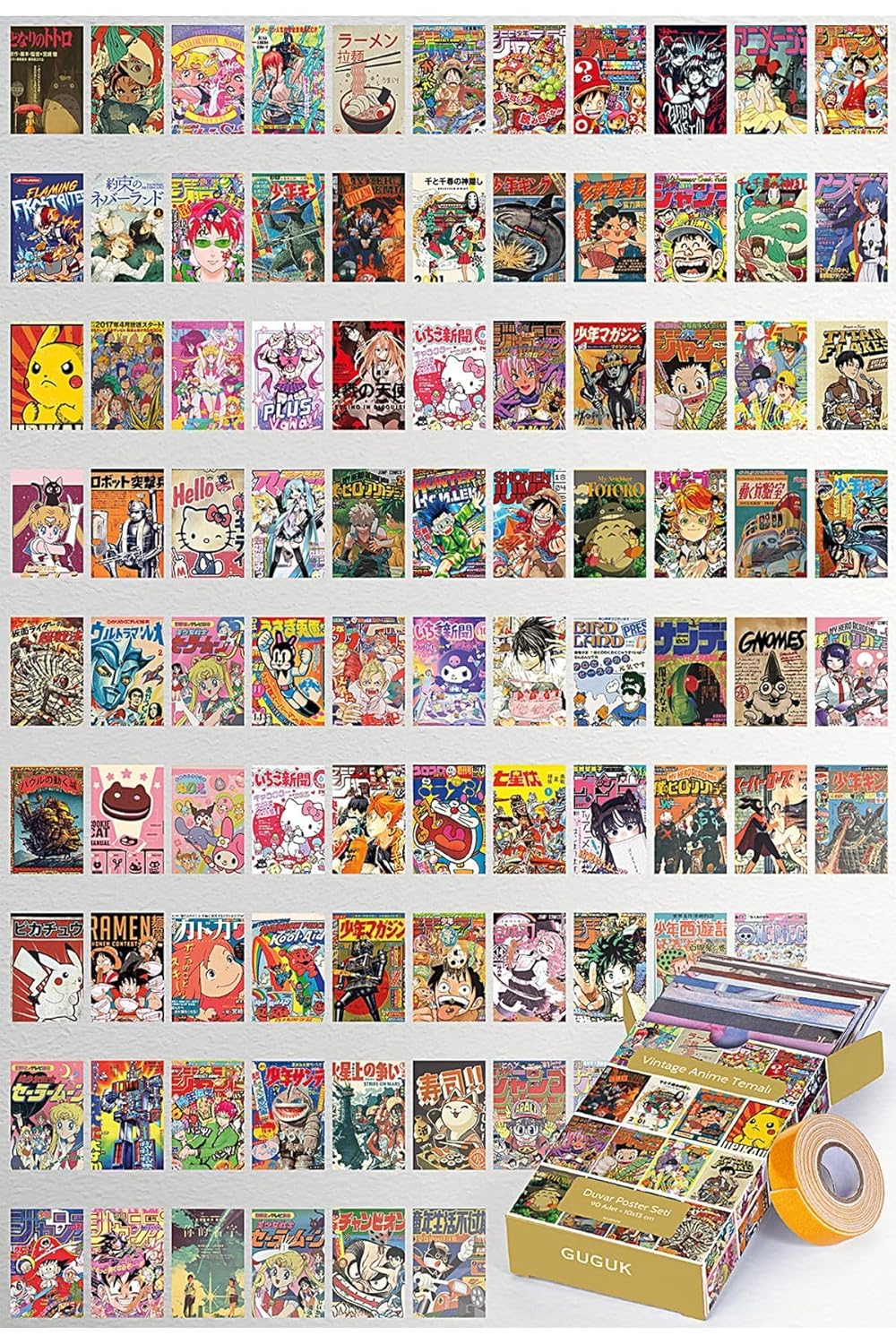GUGUK Vintage Anime Temalı 90 Adet Duvar Poster Seti, Özel Tasarım Kutulu, Oda Dekoru (GGK-K008)