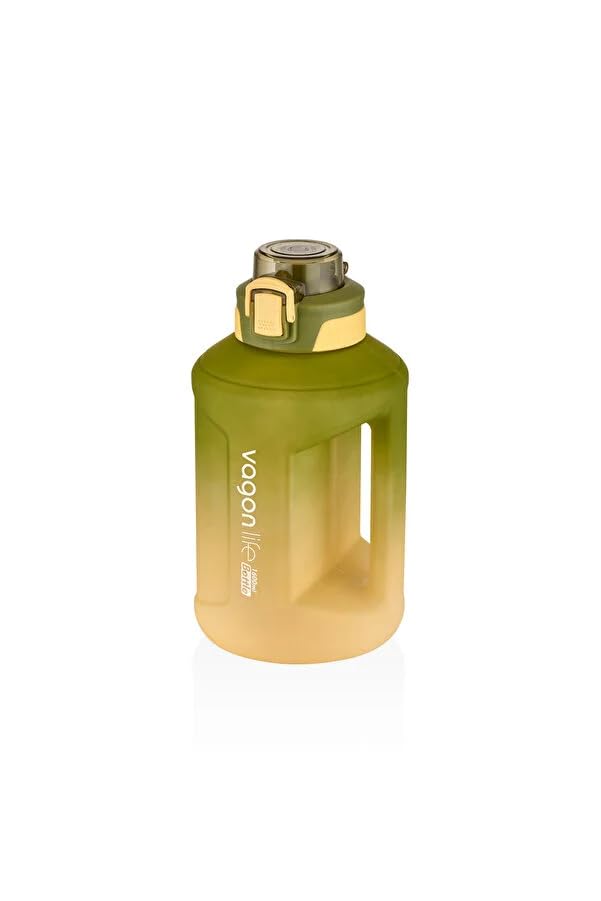 Vagonlife 1600ml Çift Renk Taşıma Askılı ve Kulplu Motivasyon Su Matarası Sticker Hediyeli (Yeşil-Sarı)