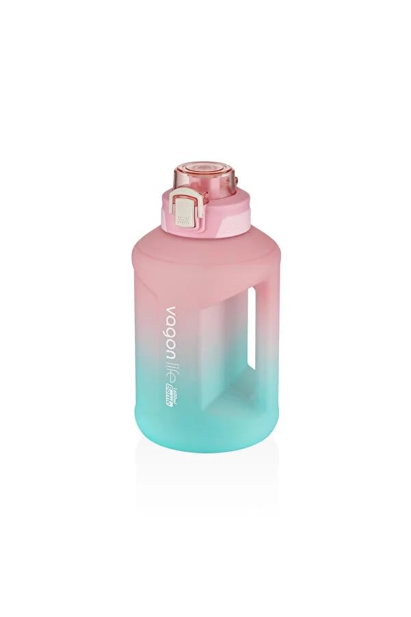 Vagonlife 1600ml Çift Renk Taşıma Askılı ve Kulplu Motivasyon Su Matarası Sticker Hediyeli (Pembe-Turkuaz)