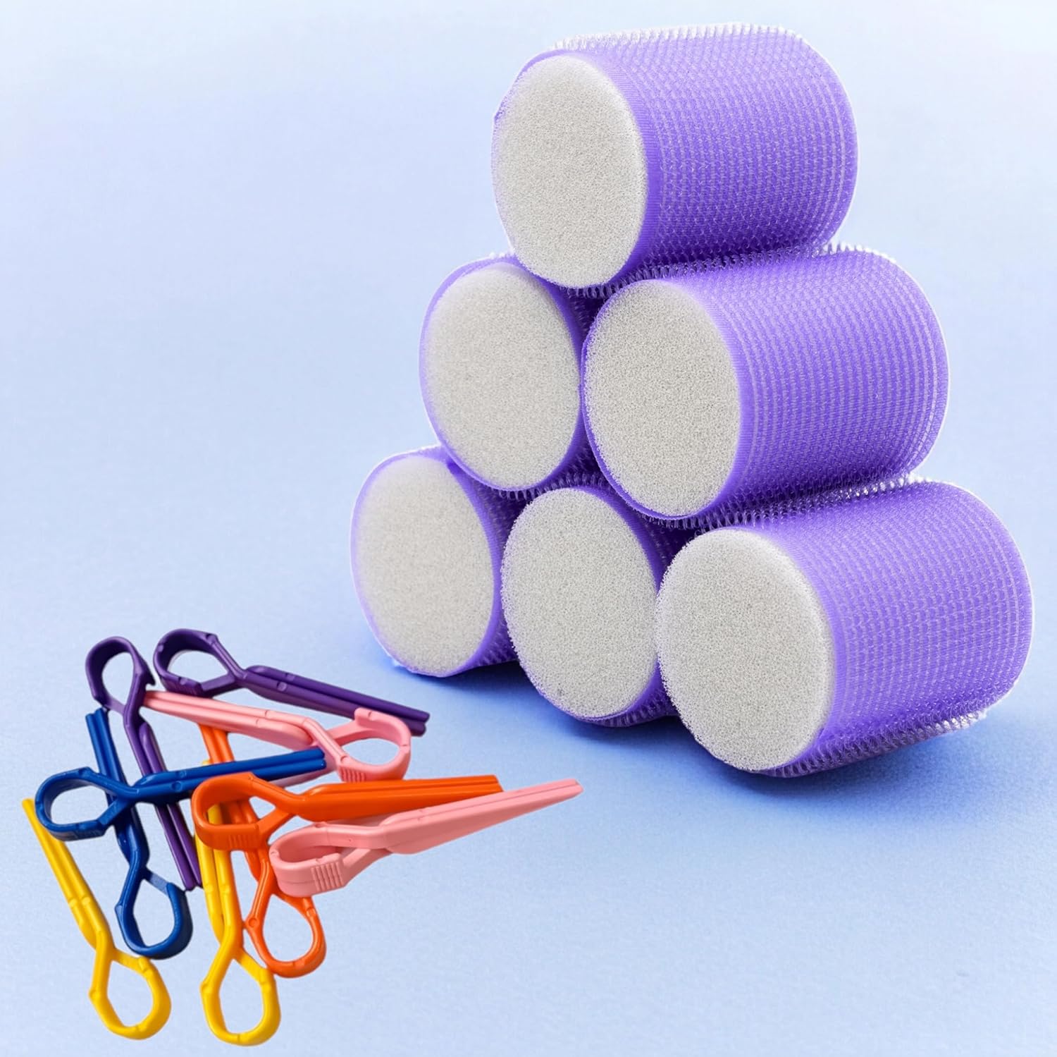 Croc 1203 Mor Cırtlı Sünger Bigudi 6Lı Çap 5Cm +10Lu Plastik Saç Pensi