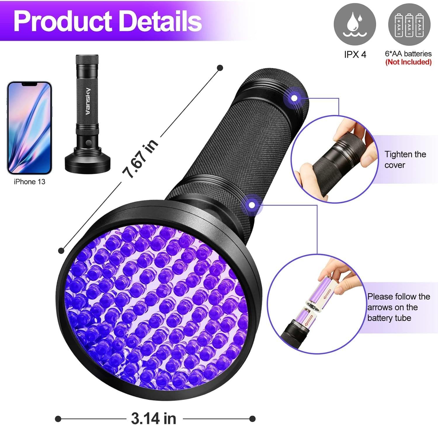 Valkyrie 100 LED 395nm Mor Işık UV El Feneri - Ultraviyole Siyah Fener - Ev Otel Evcil Hayvan Para
