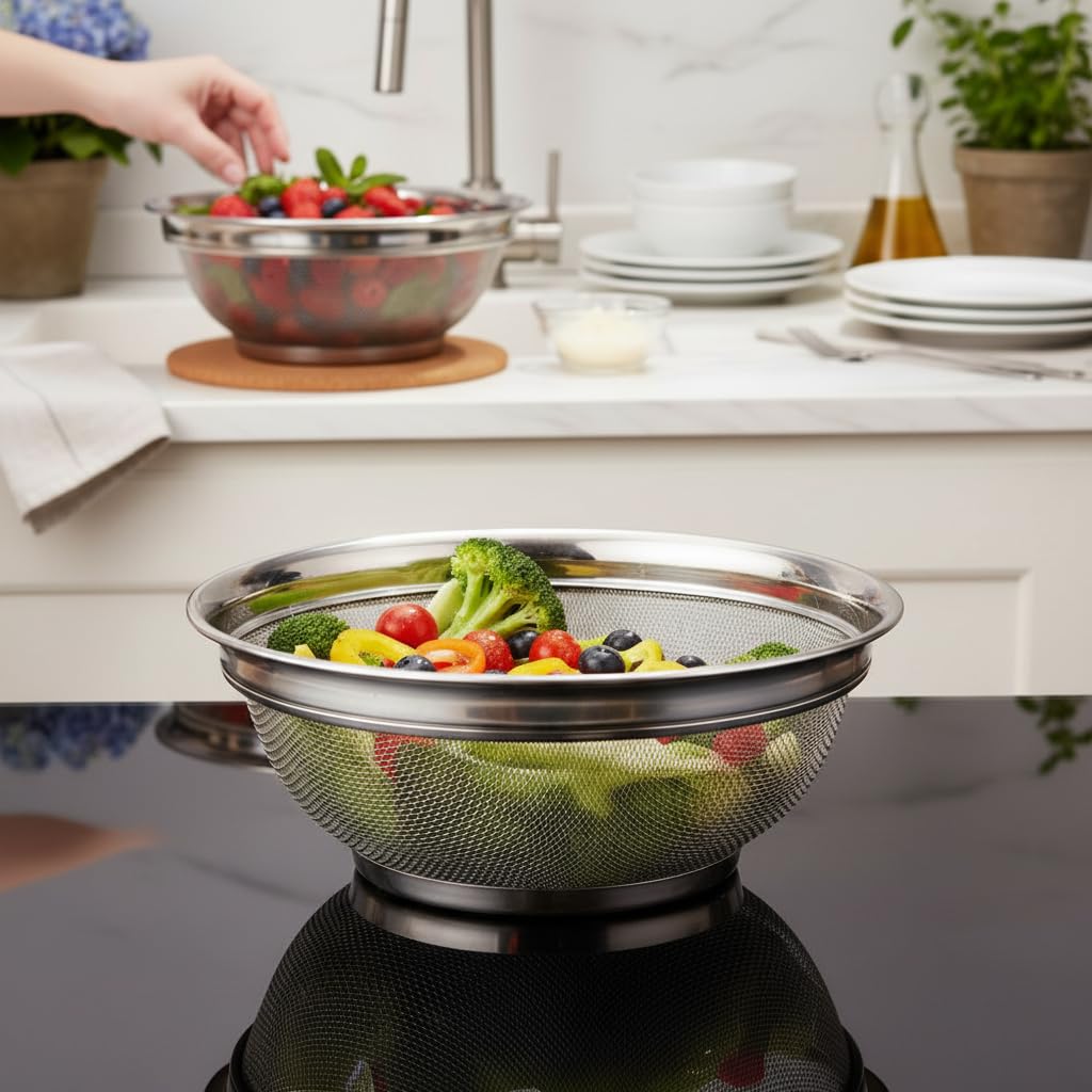 Deconox Paslanmaz Çelik Kulpsuz Süzgeç 26cm, Paslanmaz Pirinç Süzgeci, Paslamaz Çelik Mutfak Süzgeci