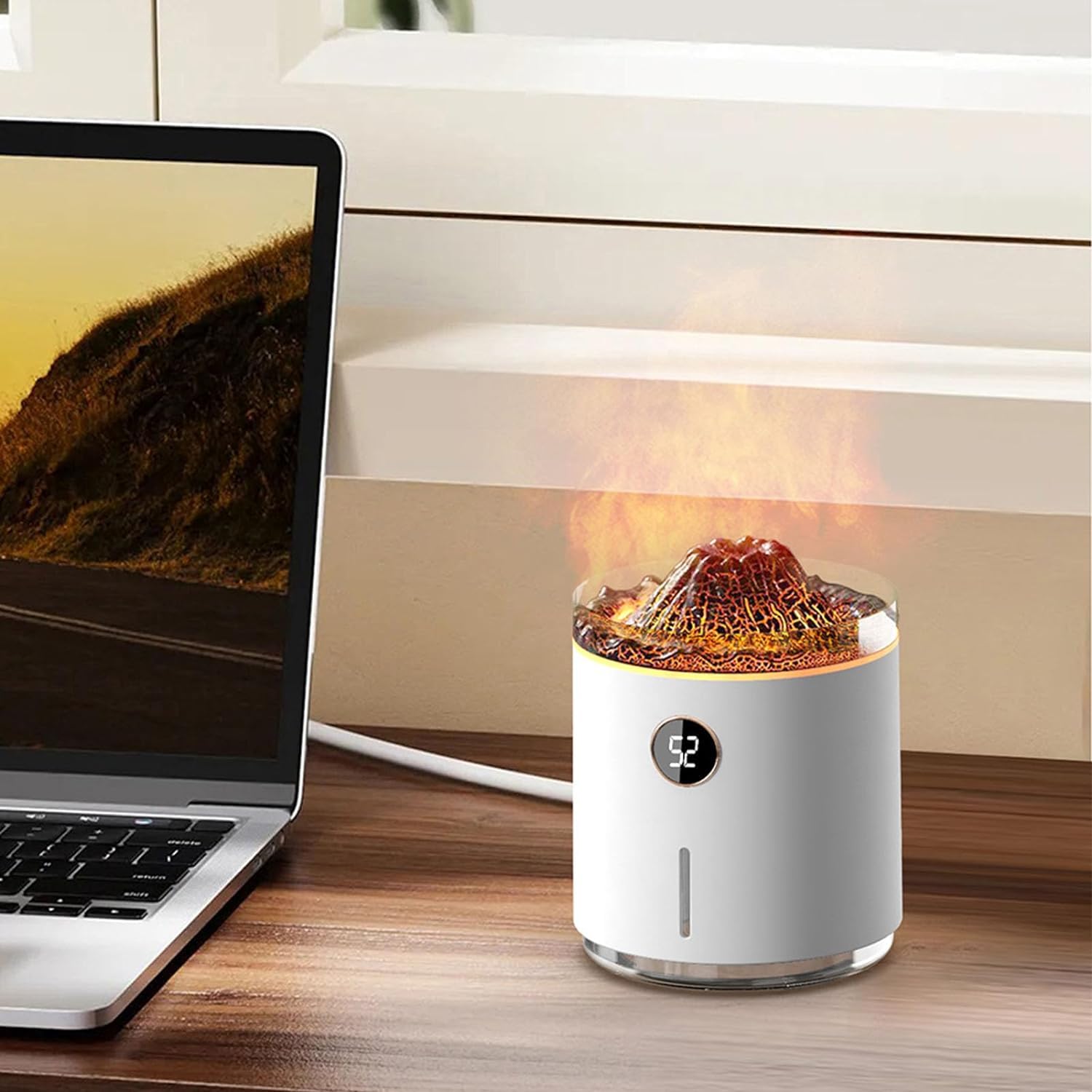 Aksesuarcı Volkanik Efektli Şarjlı Hava Nemlendirici Yatak Odası Oturma Odası için Akıllı Aromaterapi Mist Difüzör, Simüle Alev Şekli, Görsel Büyü