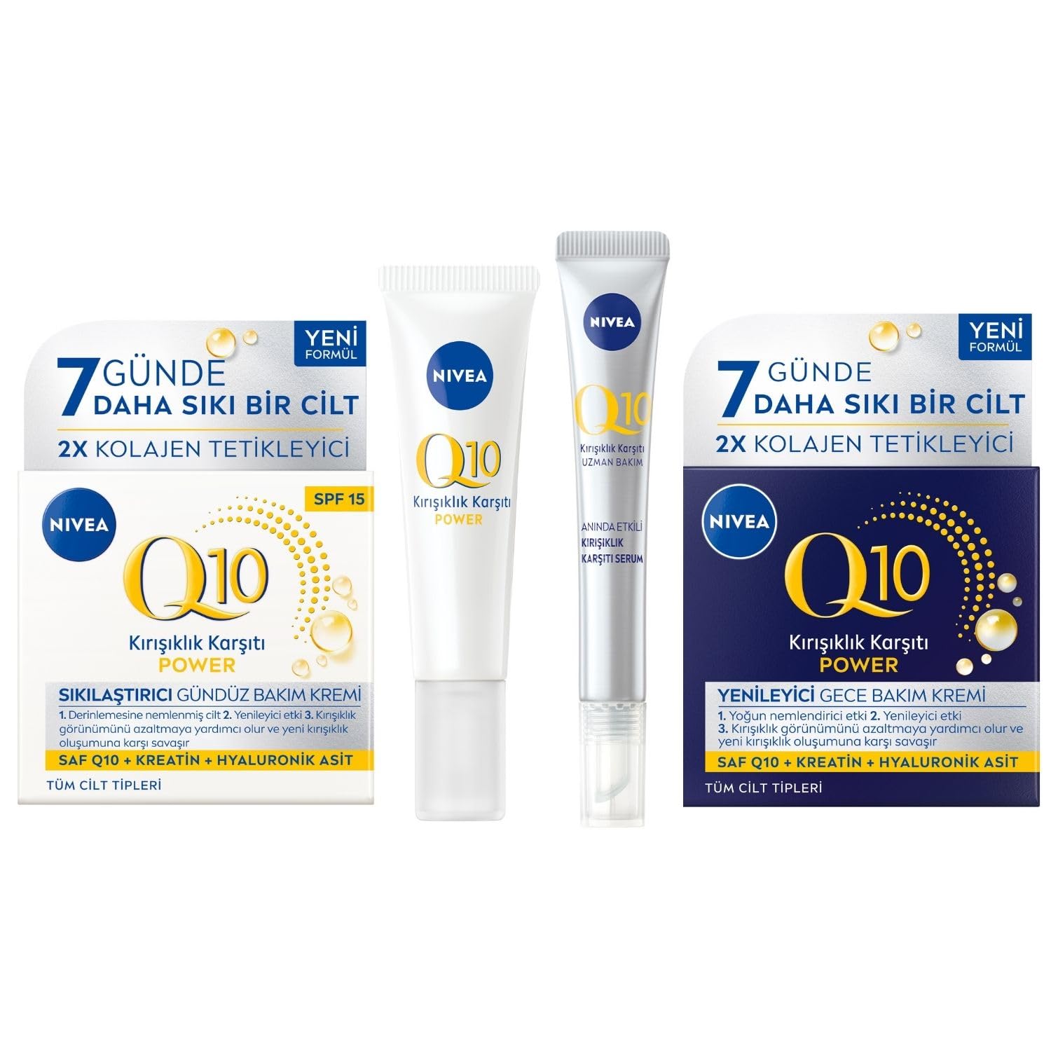 NIVEA Q10 4 Adımlı Kırışıklık Karşıtı Bakım Seti,Gündüz Kremi,Göz Kremi,Cilt Serumu ve Gece Kremi 50 ml