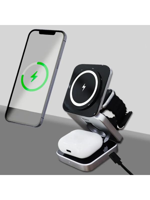 Coverzone Magsafe Uyumlu 3in1 Kablosuz Şarj Cihazı iPhone Uyumlu Watch Uyumlu Masaüstü Portatif Katlanabilir Taşınabilir Cep Boyutu Şarj Aleti Airpod Uyumlu PB11