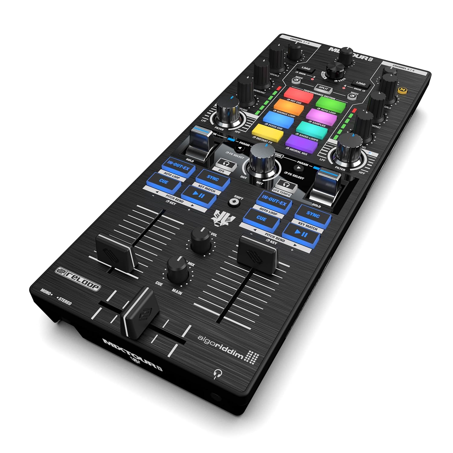 Reloop Mixtour Pro | Ultra Taşınabilir Hepsi Bir Arada 4-Deck USB-C Ses Kartlı DJ Controller/Kontrolör | Algoriddim djay Pro için (Mac, PC, iOS & Android uyumlu)