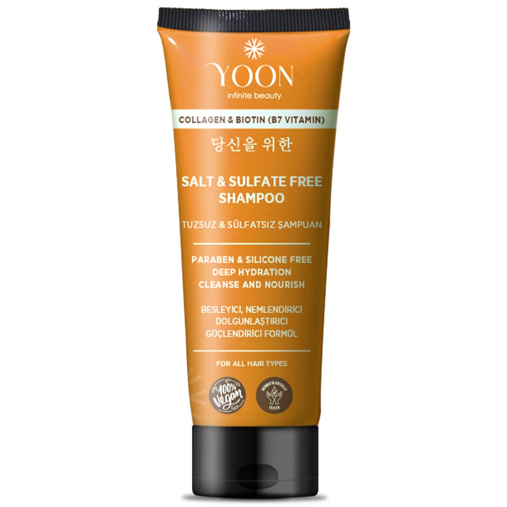YOON Sülfatsız ve Tuzsuz Şampuan, Kolajen Biotin B7 içerikli Parabensiz, Güçlendiren Besleyici ve Nemlendirici Vegan Şampuan 250ml