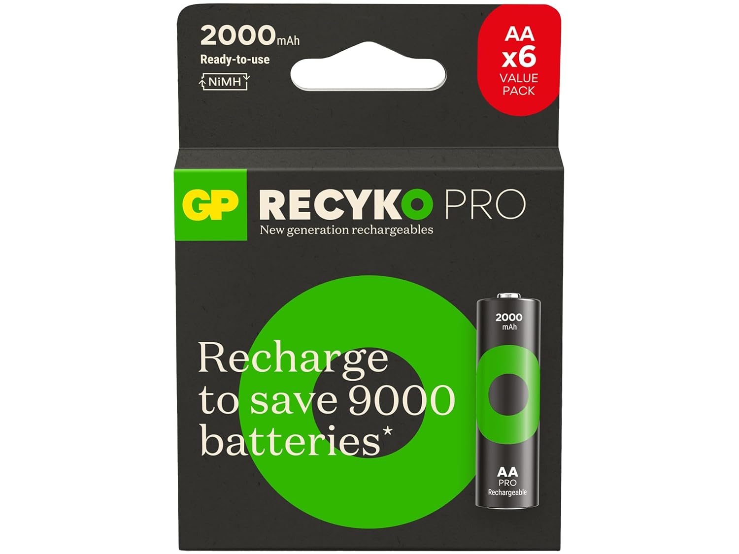 GP Batteries ReCyko Pro AA Kalem Ni-Mh Şarjlı Pil, 1.2 Volt, 6'lı Kart