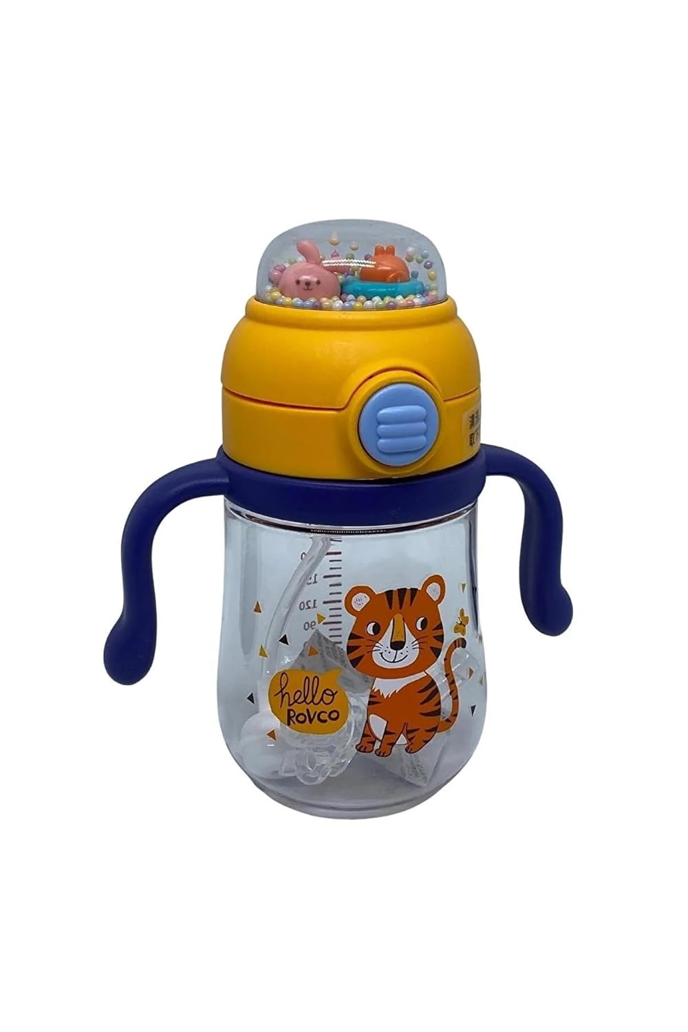 Rovco 260ml Pipetli Sevimli Arkadaşlar Desenli Çıngıraklı Akıllı Pipet Toplu Tritan Su Matarası (Sarı-Lacivert)