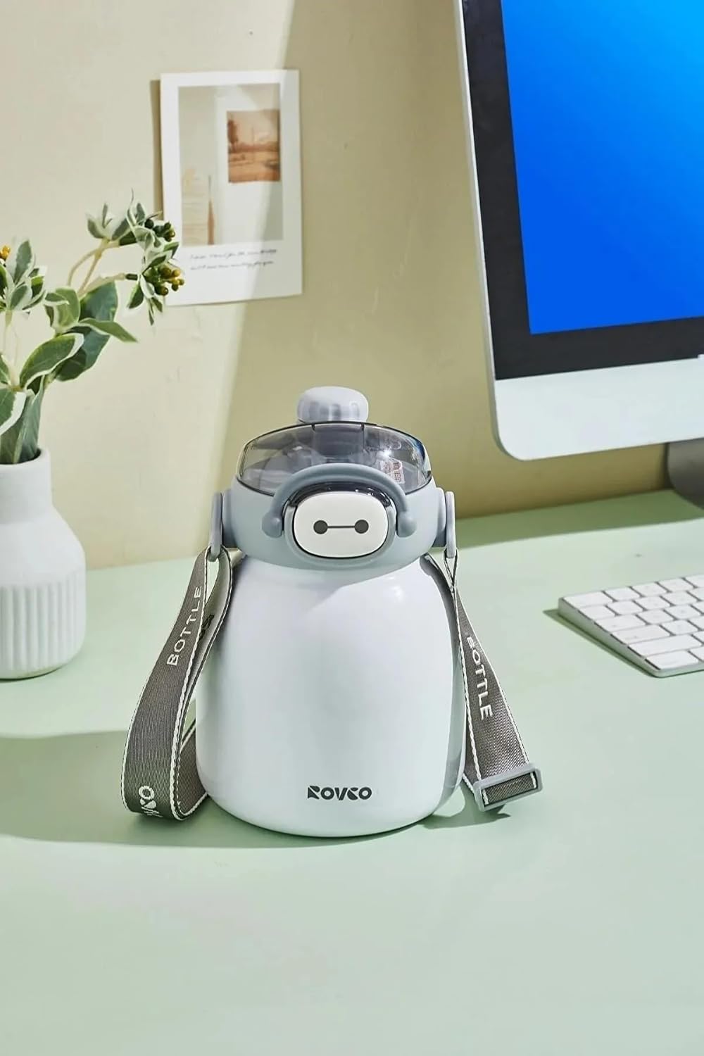 Rovco 1000ml Pipetli/Rahat Içimli Askılı 6 Saat Sıcak/Soğuk Yalıtımlı Çelik Termos Sticker Hediyeli (Beyaz)