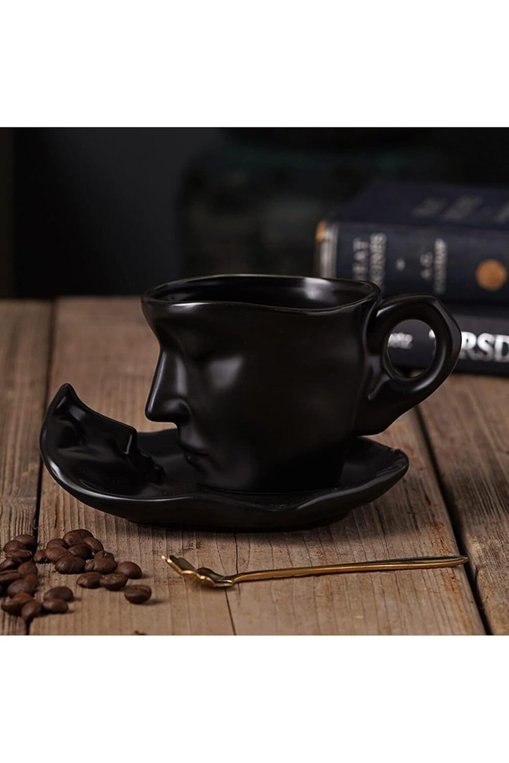 ARVALE Yüz Şeklinde Romantik Kahve Kupaları (2 li Set) Seramik Fincan Takım (Siyah, 110 ml)