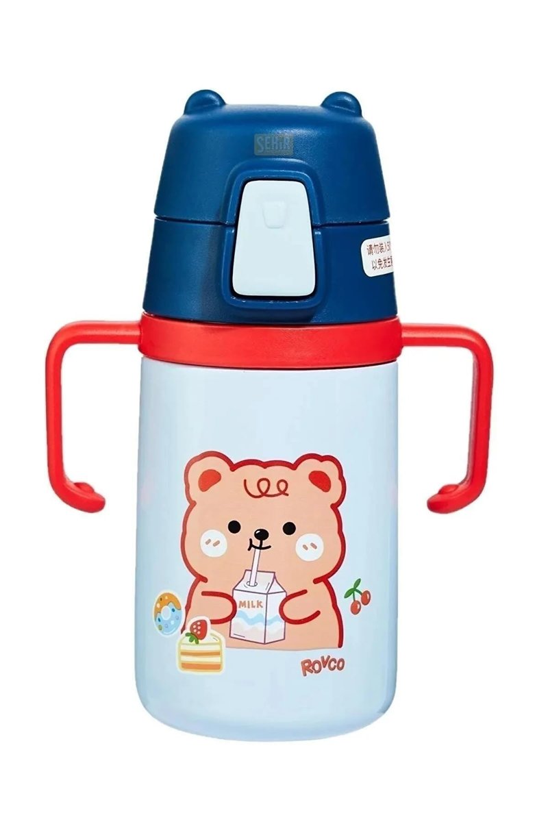 Rovco 400ml Silikon Pipetli Sevimli Ayıcıklı Boyun Askılı Bebek Kulplu Paslanmaz Çelik Termos (Lacivert)
