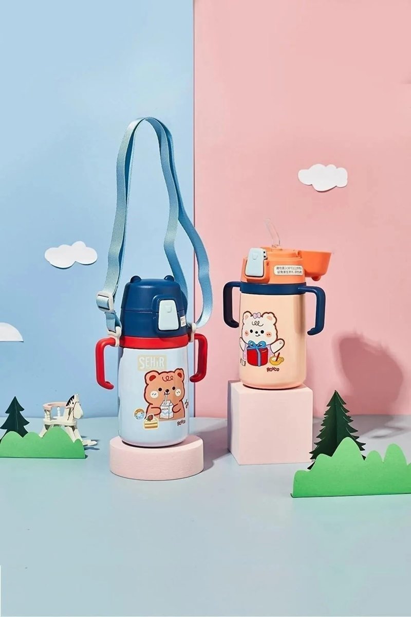 Rovco 400ml Silikon Pipetli Sevimli Ayıcıklı Boyun Askılı Bebek Kulplu Paslanmaz Çelik Termos (Lacivert)