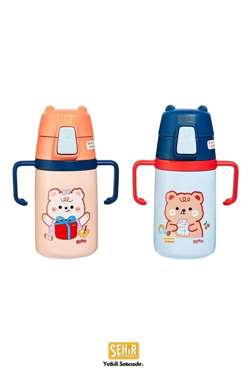 Rovco 400ml Silikon Pipetli Sevimli Ayıcıklı Boyun Askılı Bebek Kulplu Paslanmaz Çelik Termos (Lacivert)