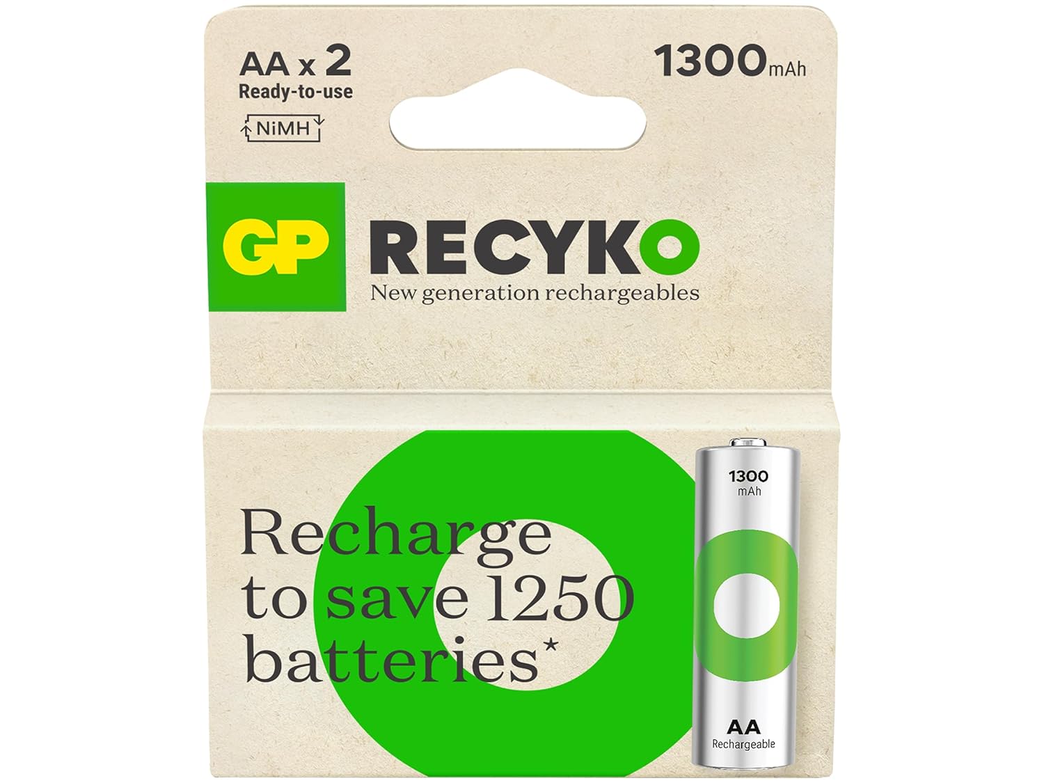 GP Batteries ReCyko 1300 AA Kalem Ni-MH Şarjlı Pil, 1.2 Volt, 2'li Kart